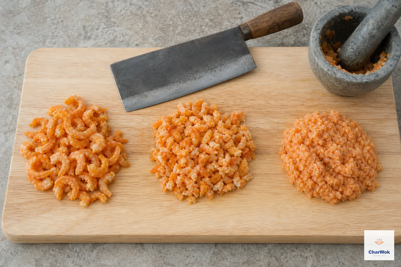 Rehydrated regular dried shrimp are arranged in three textures: whole small pieces, an irregular rough chop and a fine moist mince