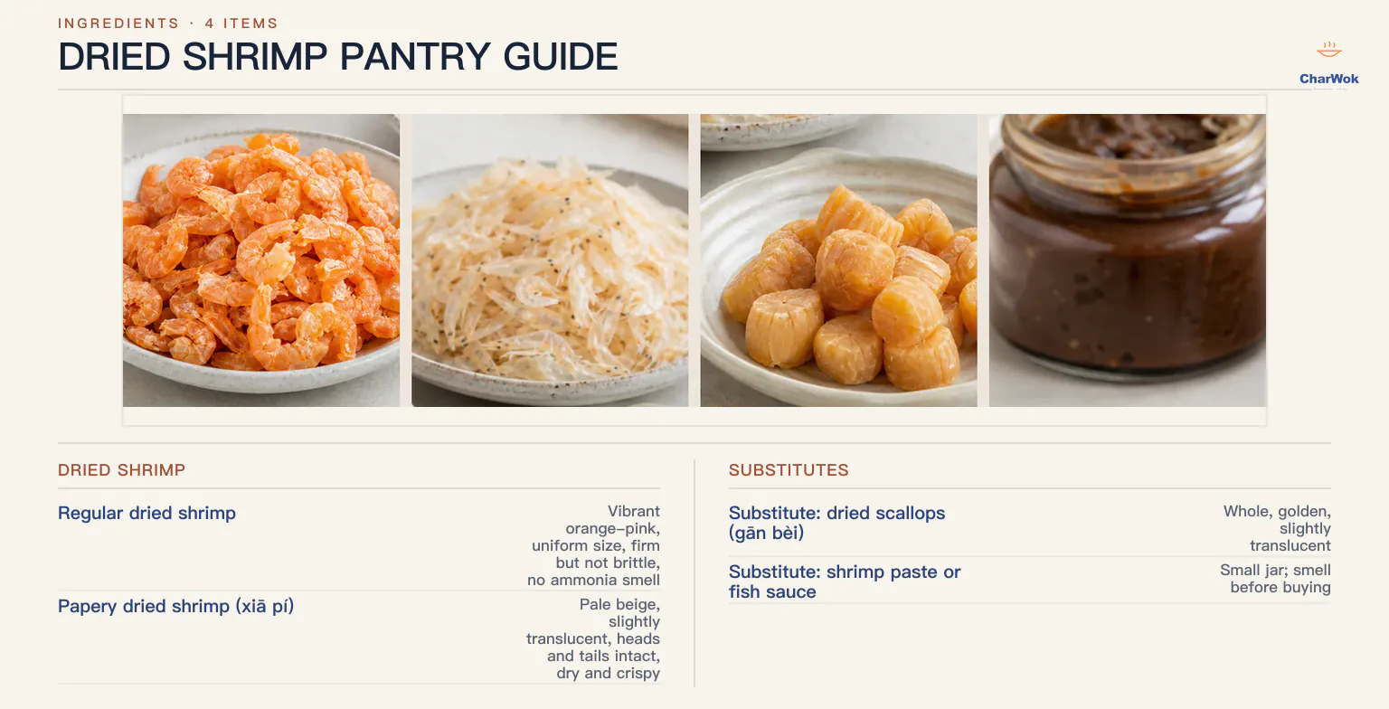 English dried-shrimp pantry guide: regular dried shrimp are orange-pink and firm with heads and shells removed; papery shrimp are pale, crisp and translucent with head, tail and shell intact; golden dried scallops suit soups and braises and soak for 20 to 30 minutes; shrimp paste or fish sauce should be used sparingly, with about half a teaspoon replacing 1 tablespoon dried shrimp