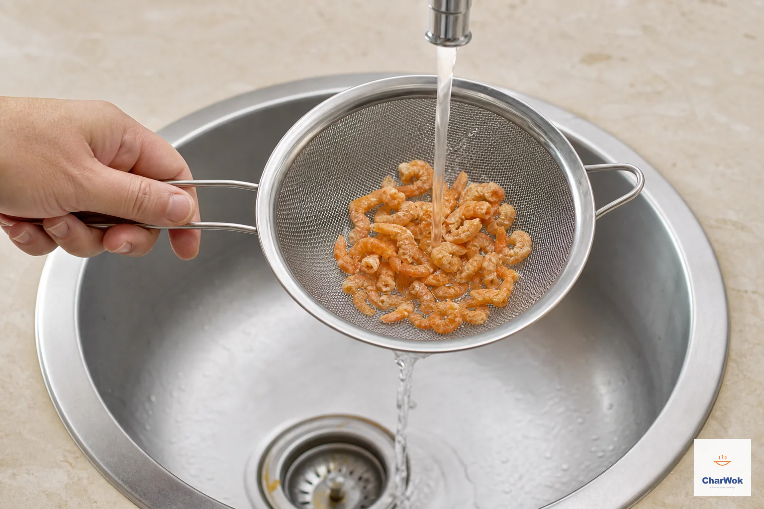 A small portion of firm orange regular dried shrimp is rinsed briefly under cold running water in a fine mesh strainer
