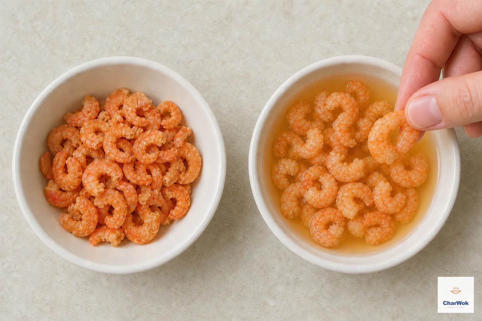 Two bowls compare compact dry orange shrimp with shrimp that have softened and become slightly plumper in pale amber soaking liquid