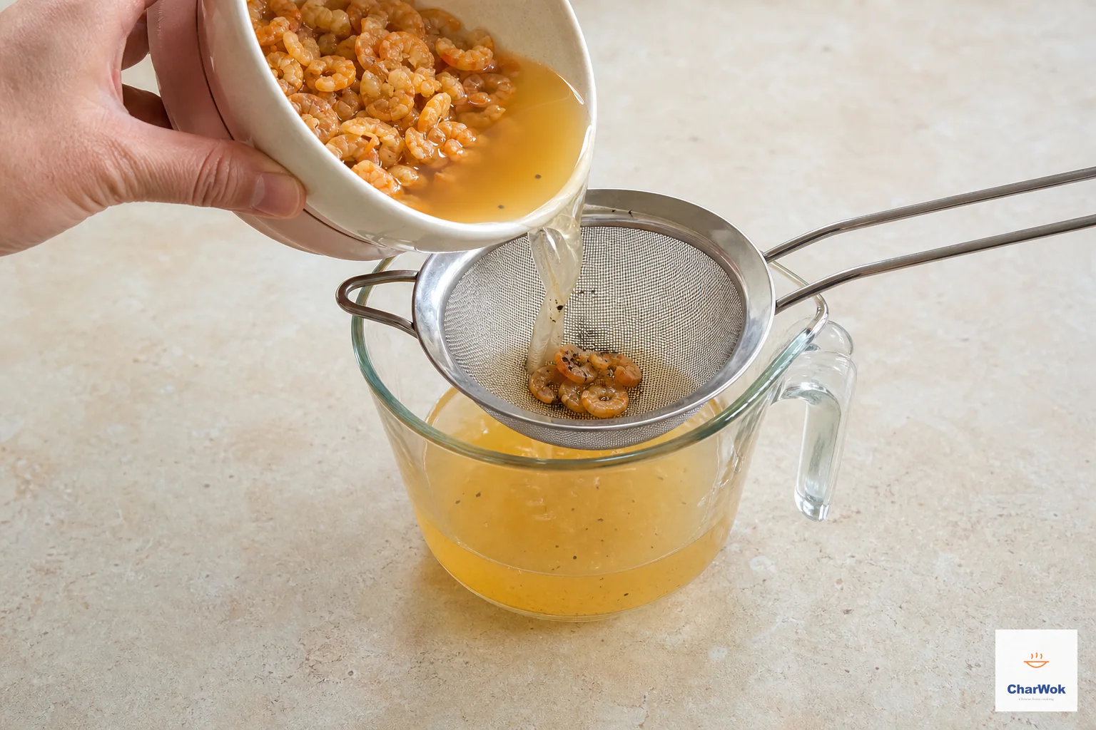 Softened dried shrimp and pale amber soaking liquid are poured through a fine strainer so grit stays behind and the clean liquid is saved