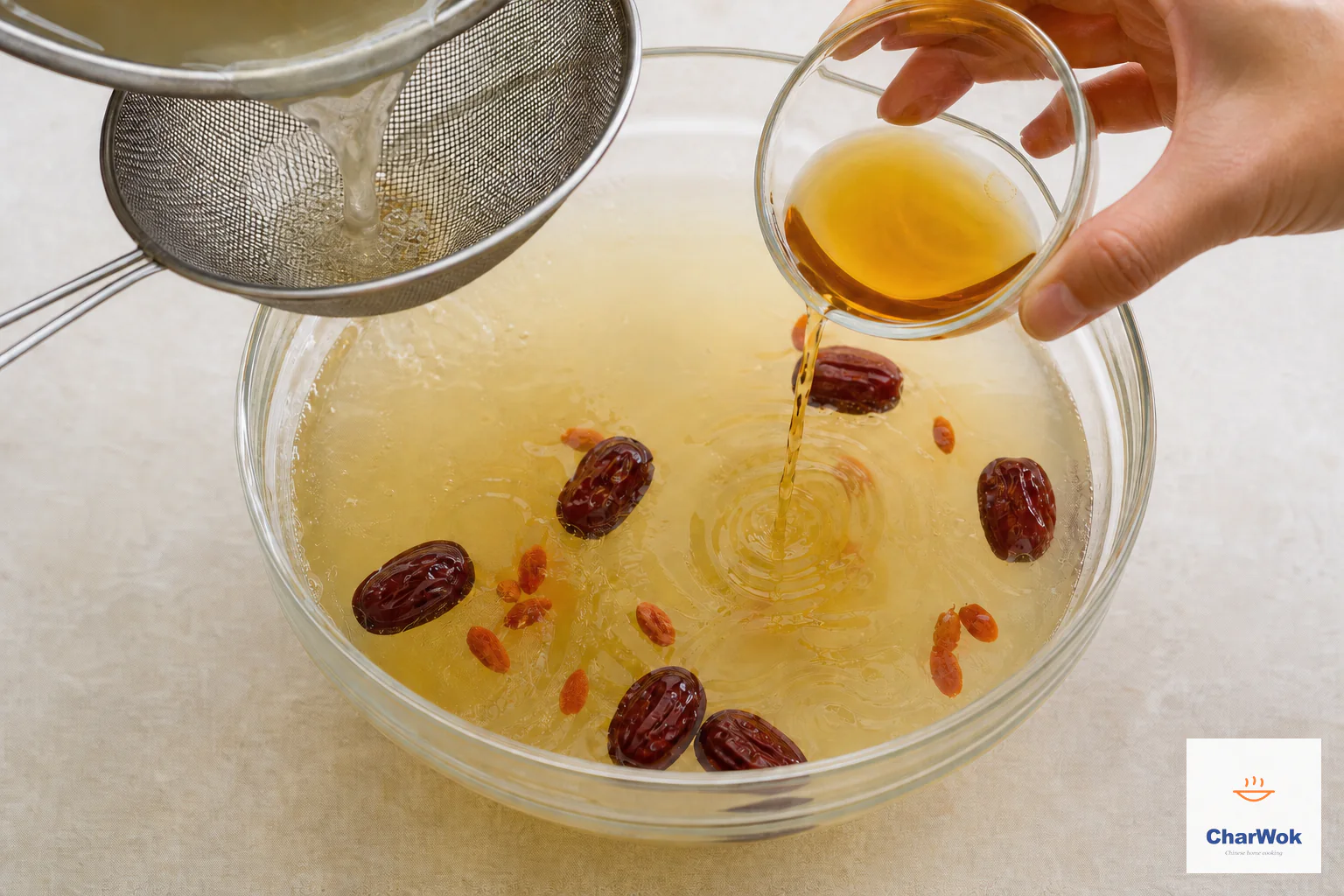 Clear poaching stock cools in a glass bowl nested in ice water before six dates, goji berries and amber Hua Diao wine are added
