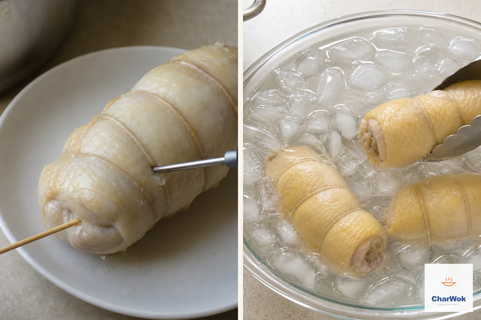 Two panels show a clean thermometer entering the thickest center of a tied chicken roll, then three safely cooked rolls in clean ice water