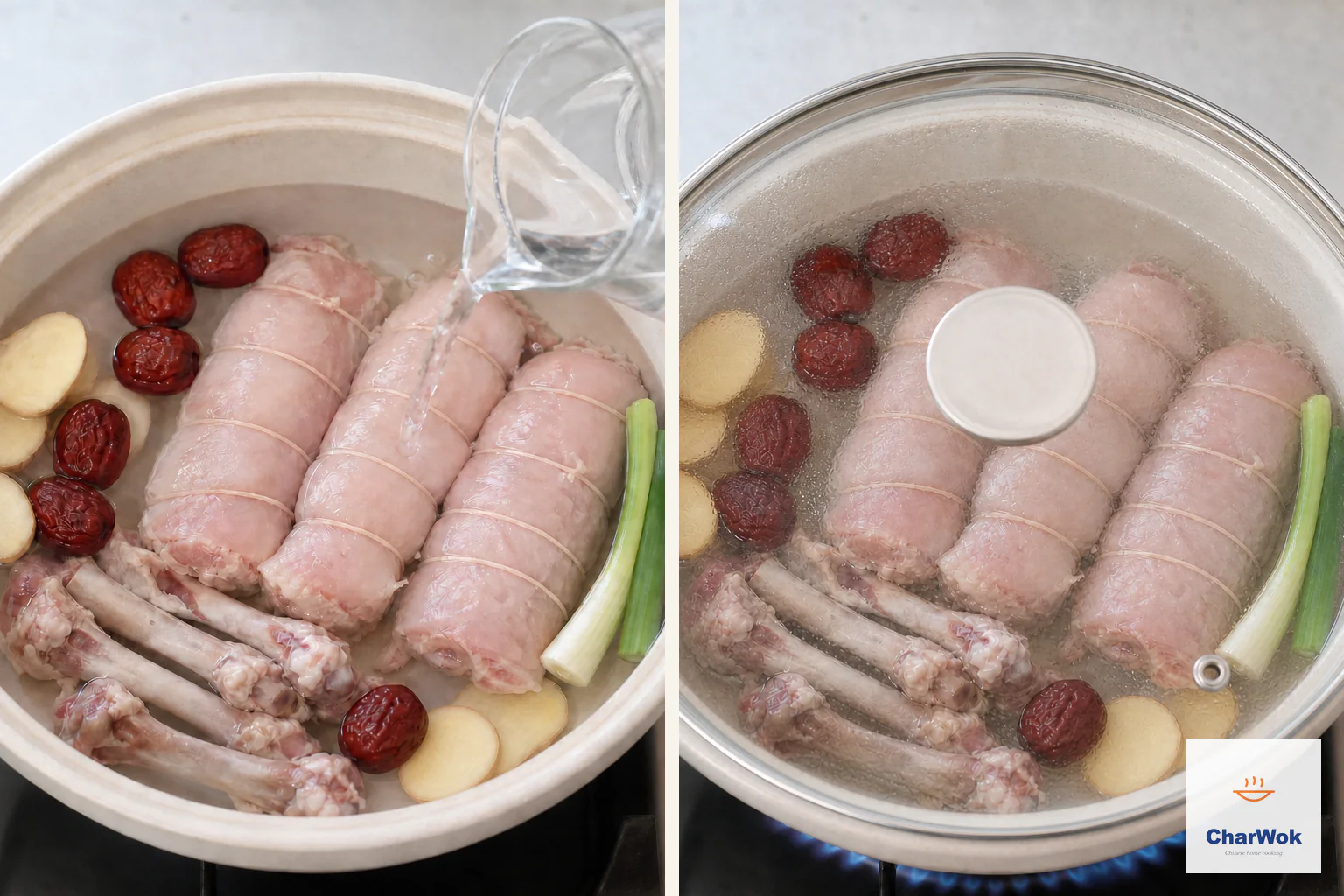 Two panels show three tied chicken rolls, saved bones, ginger, scallions and six dates covered with cold water, then the same pot covered over the lowest flame