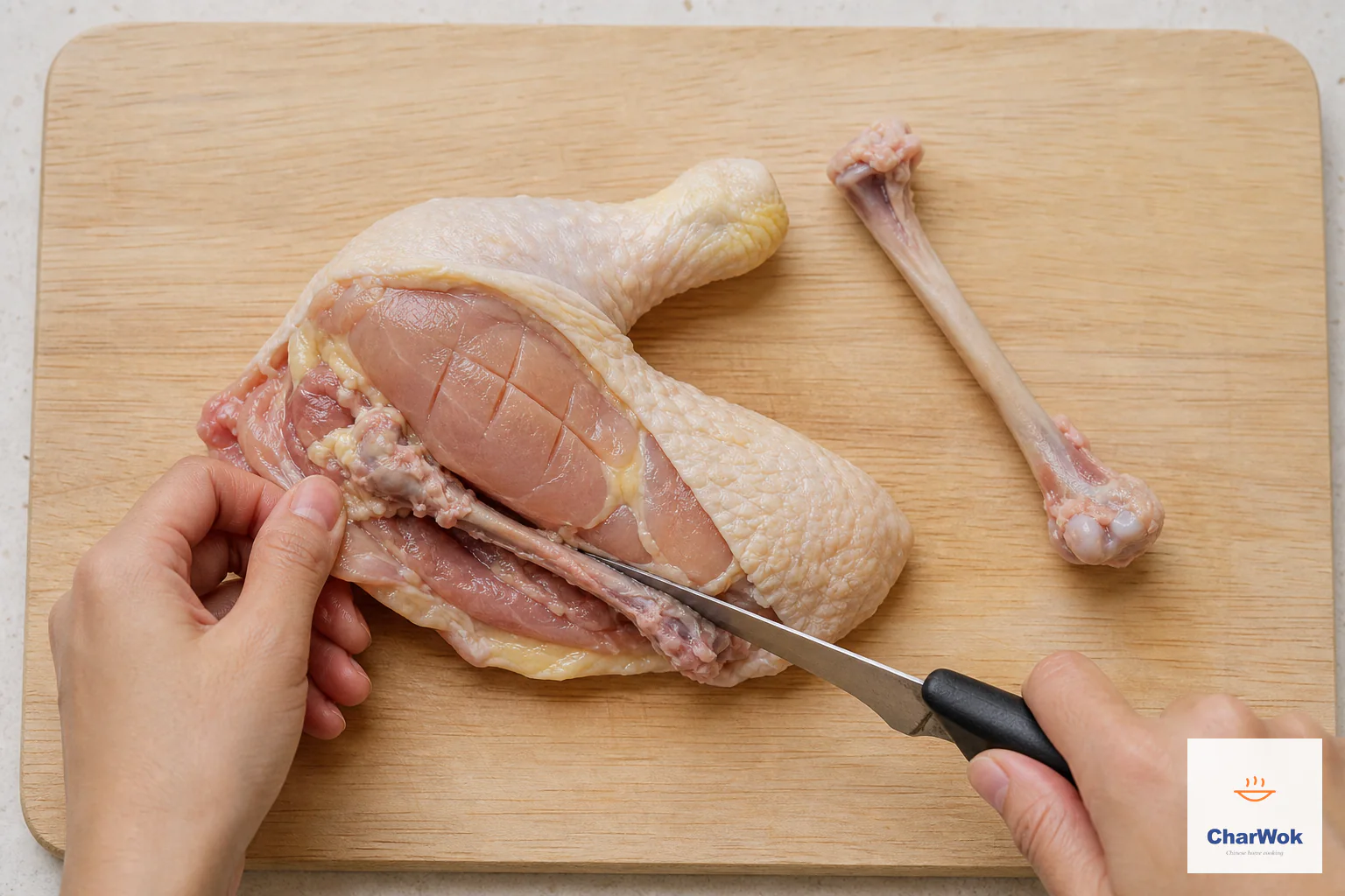 A bone is freed from one raw skin-on chicken leg while shallow cuts even the thick thigh meat without piercing the skin