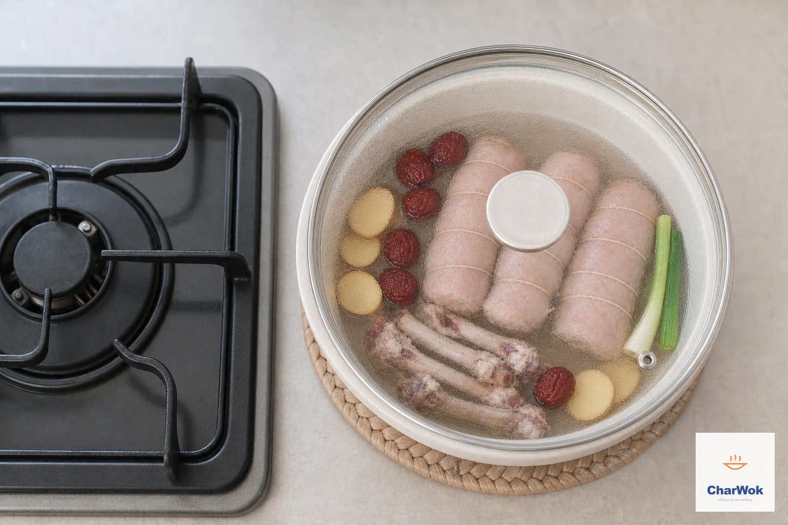 The lidded chicken pot rests on a heatproof trivet beside a completely unlit gas burner before each roll is temperature checked