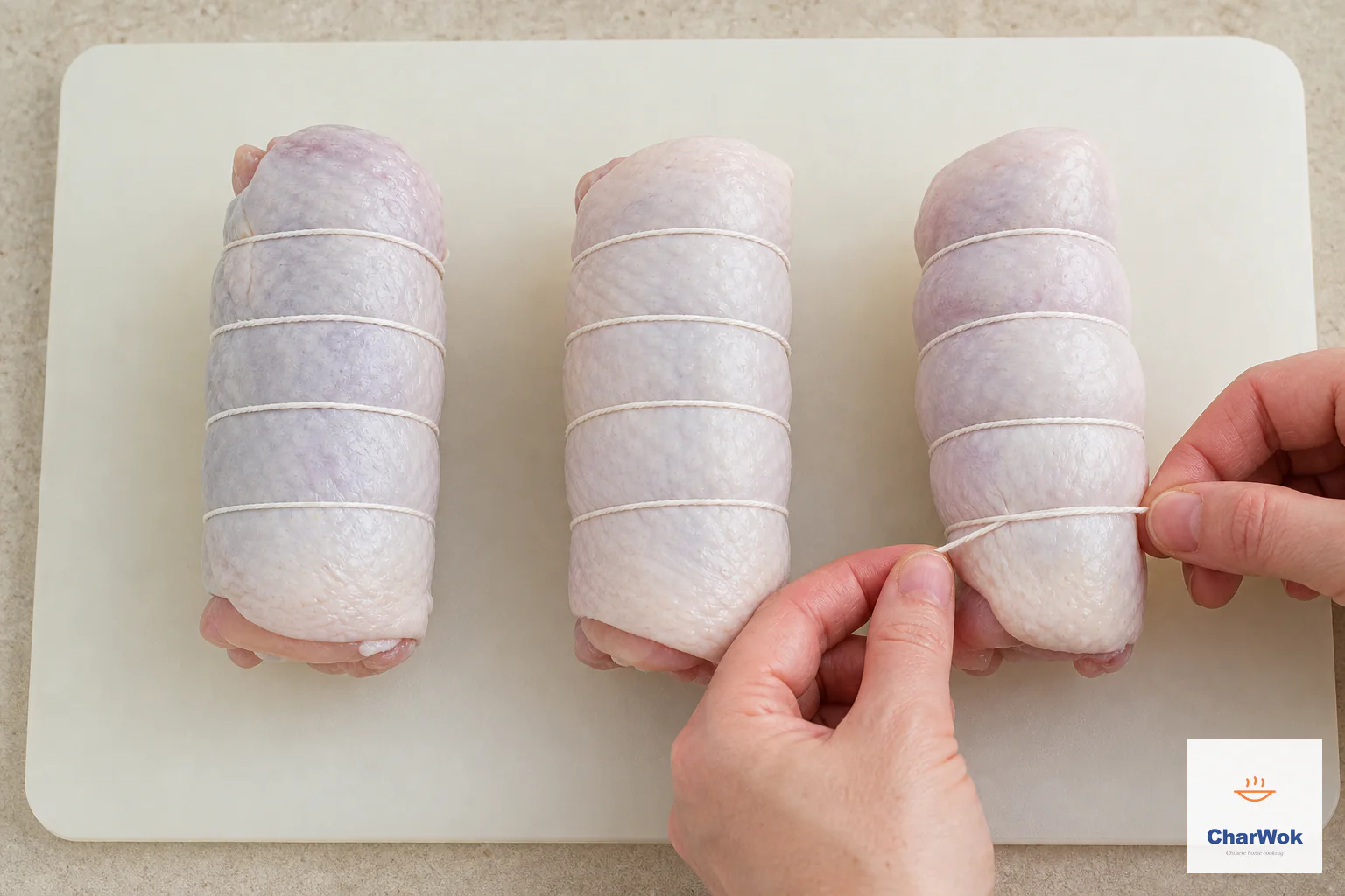 Three raw skin-on chicken thighs are rolled into even cylinders and tied at short intervals with cotton kitchen twine