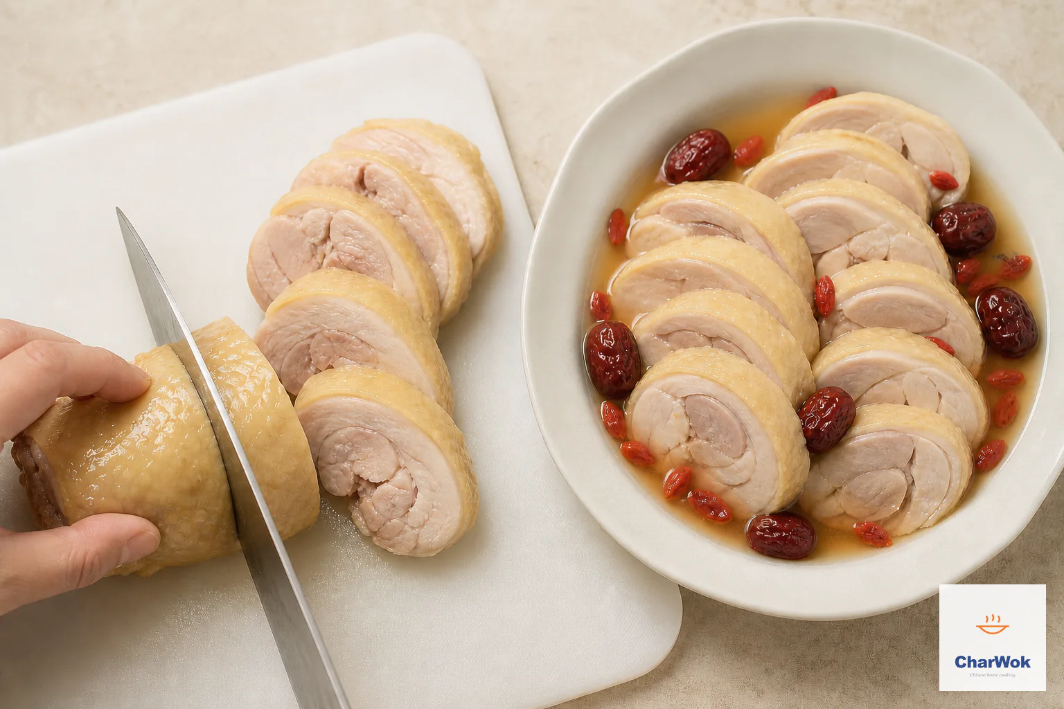 A chilled untied chicken roll is cut crosswise into 1.5-centimetre discs beside a bowl of sliced chicken in clear brine with dates and goji