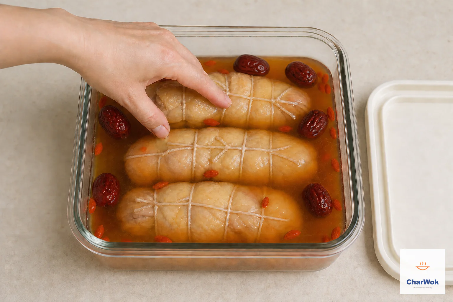 Three chilled chicken rolls remain tied and fully submerged beneath cold clear amber wine brine with six red dates and sparse goji berries