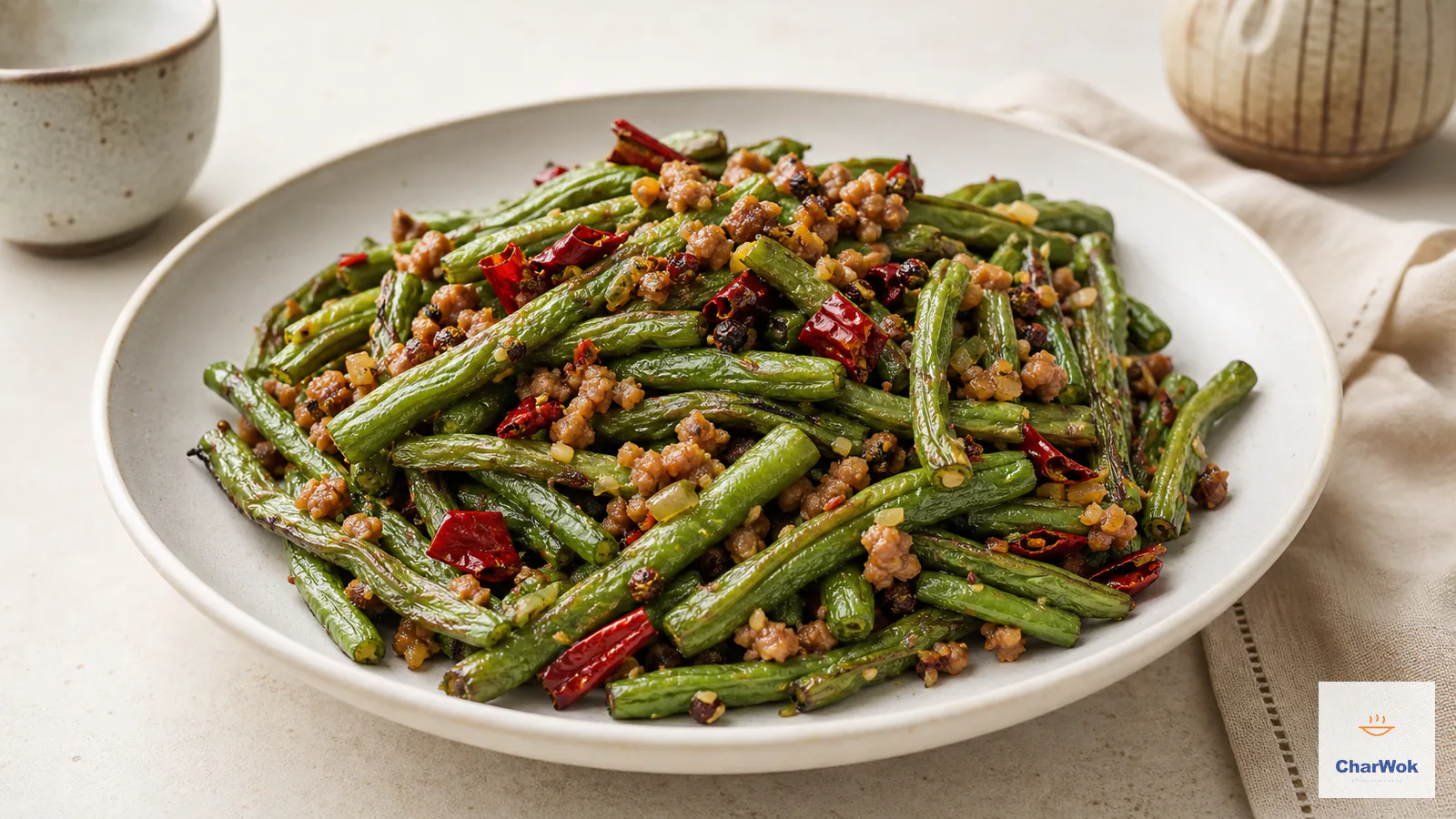 Sichuan dry-fried green beans with browned minced pork, preserved mustard greens and dried red chilies