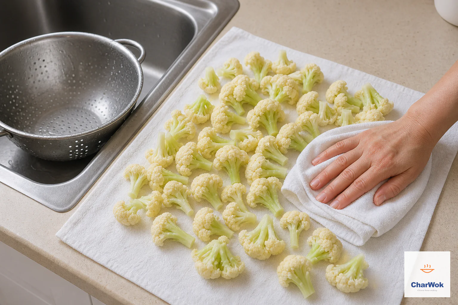 Blanched cauliflower florets lie in one layer on a plain towel while a hand pats them dry beside an emptied metal colander