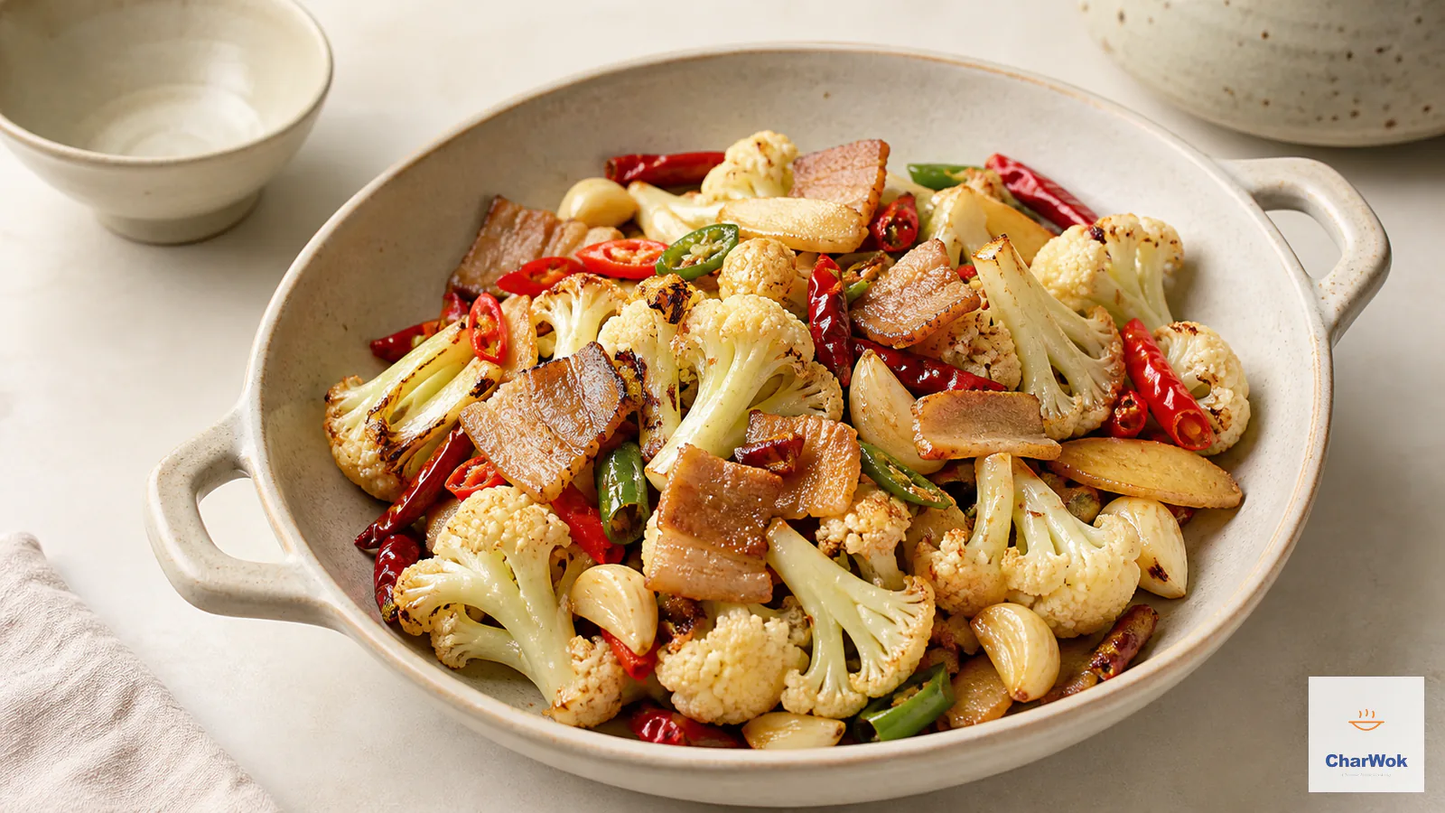 Dry pot cauliflower with caramelized florets, golden pork belly, smashed garlic and red and green chilies