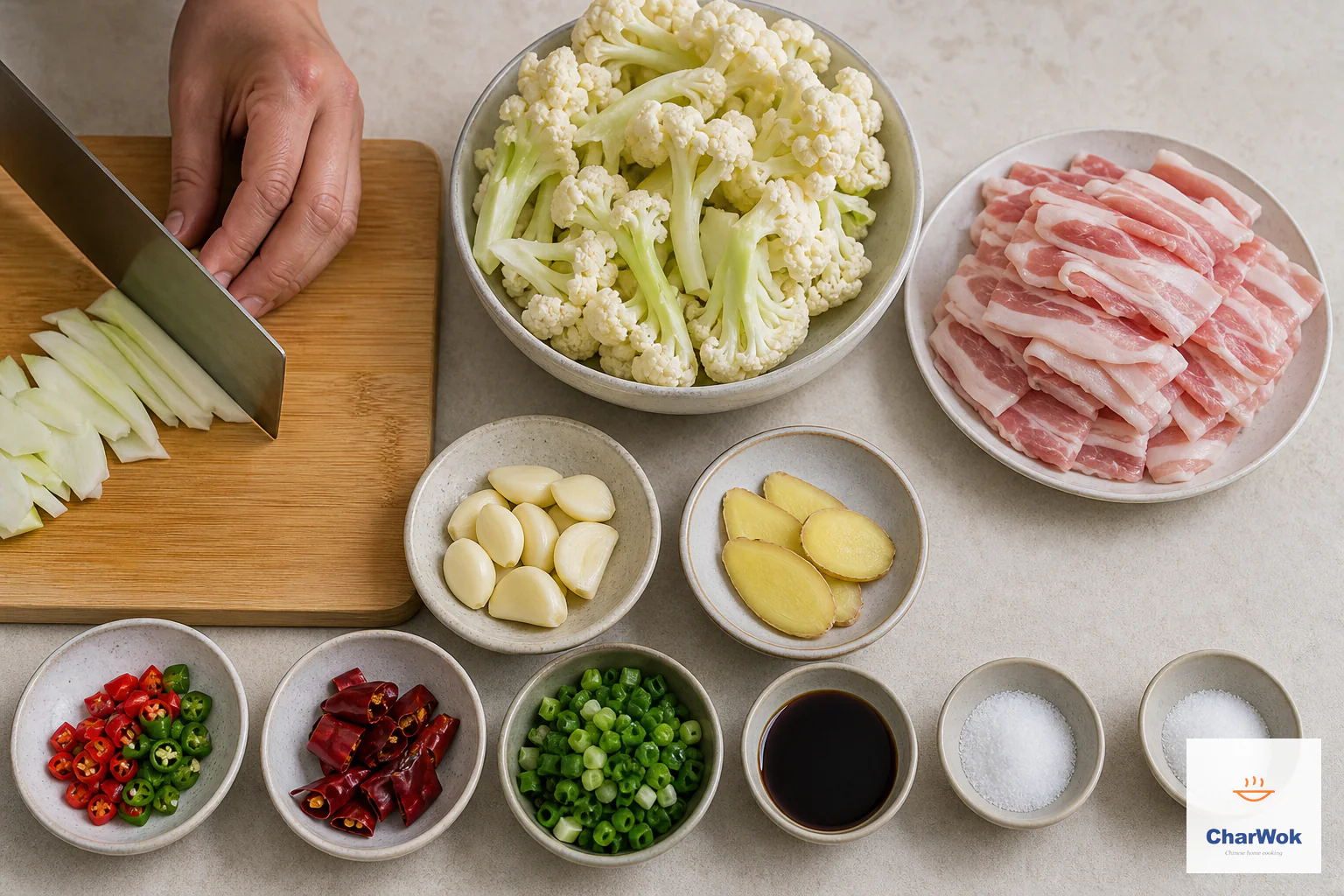 Bite-size cauliflower florets, thin pork belly, smashed garlic, four ginger slices, fresh and dried chilies, chopped scallion, soy and two salt portions are arranged beside a cutting board