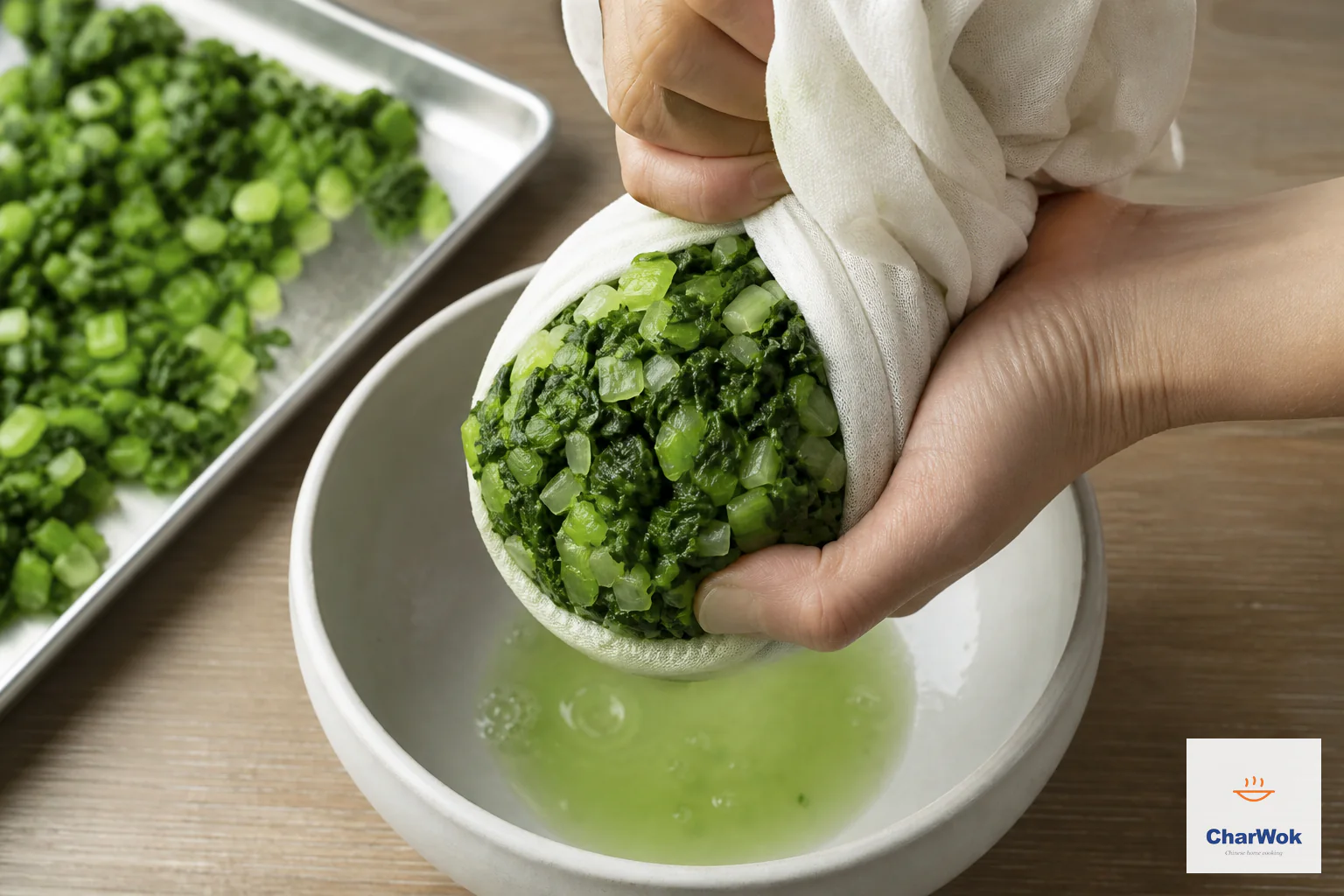 Blanched salted chopped bok choy is squeezed firmly in a plain cloth over a bowl with a small amount of green liquid