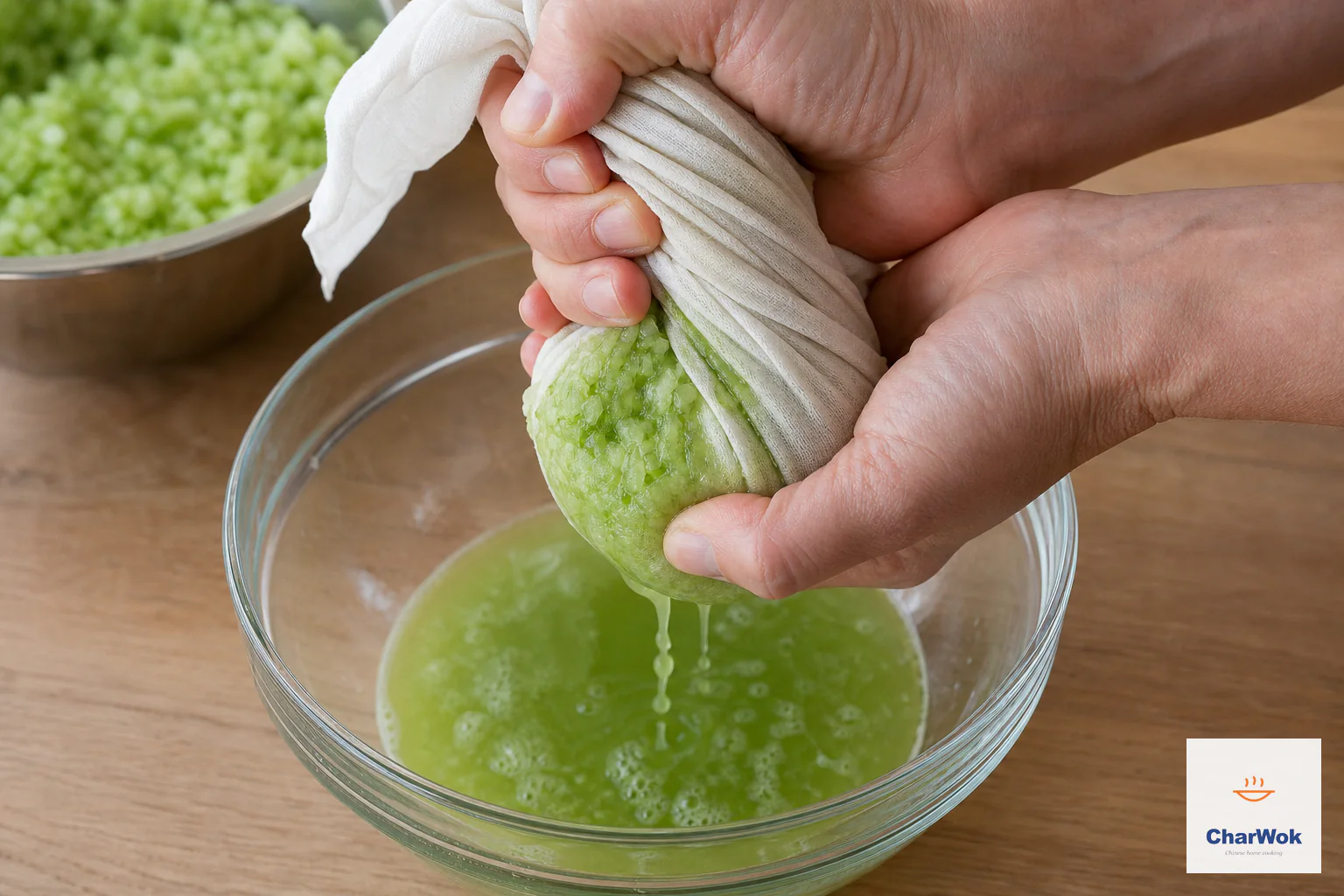 Salted chopped celery is squeezed firmly in a plain cloth over a bowl as green liquid drains away