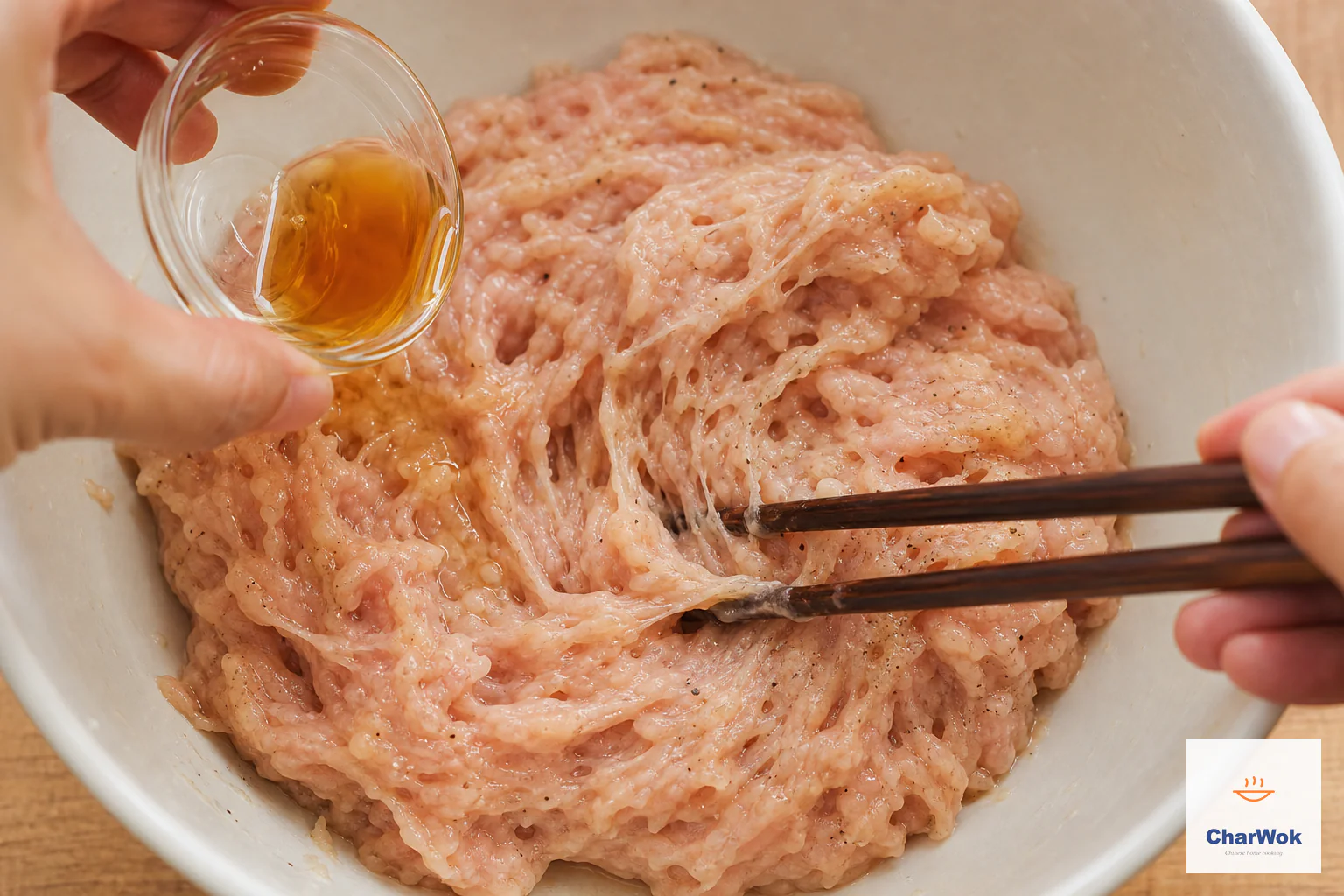 Amber shiitake soaking liquid pours into sticky ground chicken as chopsticks beat it in one direction with no liquid pooling