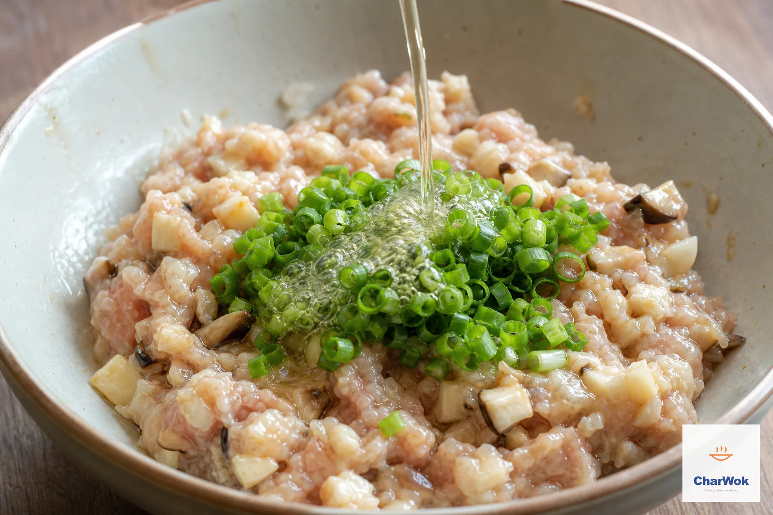Hot neutral oil pours over chopped scallion on sticky chicken filling already mixed with shiitake and water chestnut