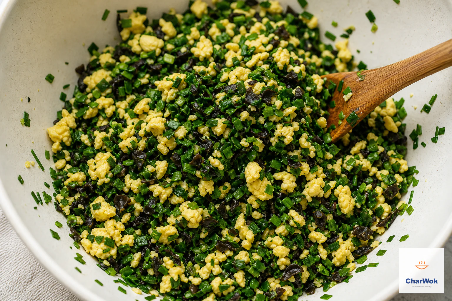Dry yellow egg pieces are folded with finely chopped Chinese chive and black wood ear in a mixing bowl