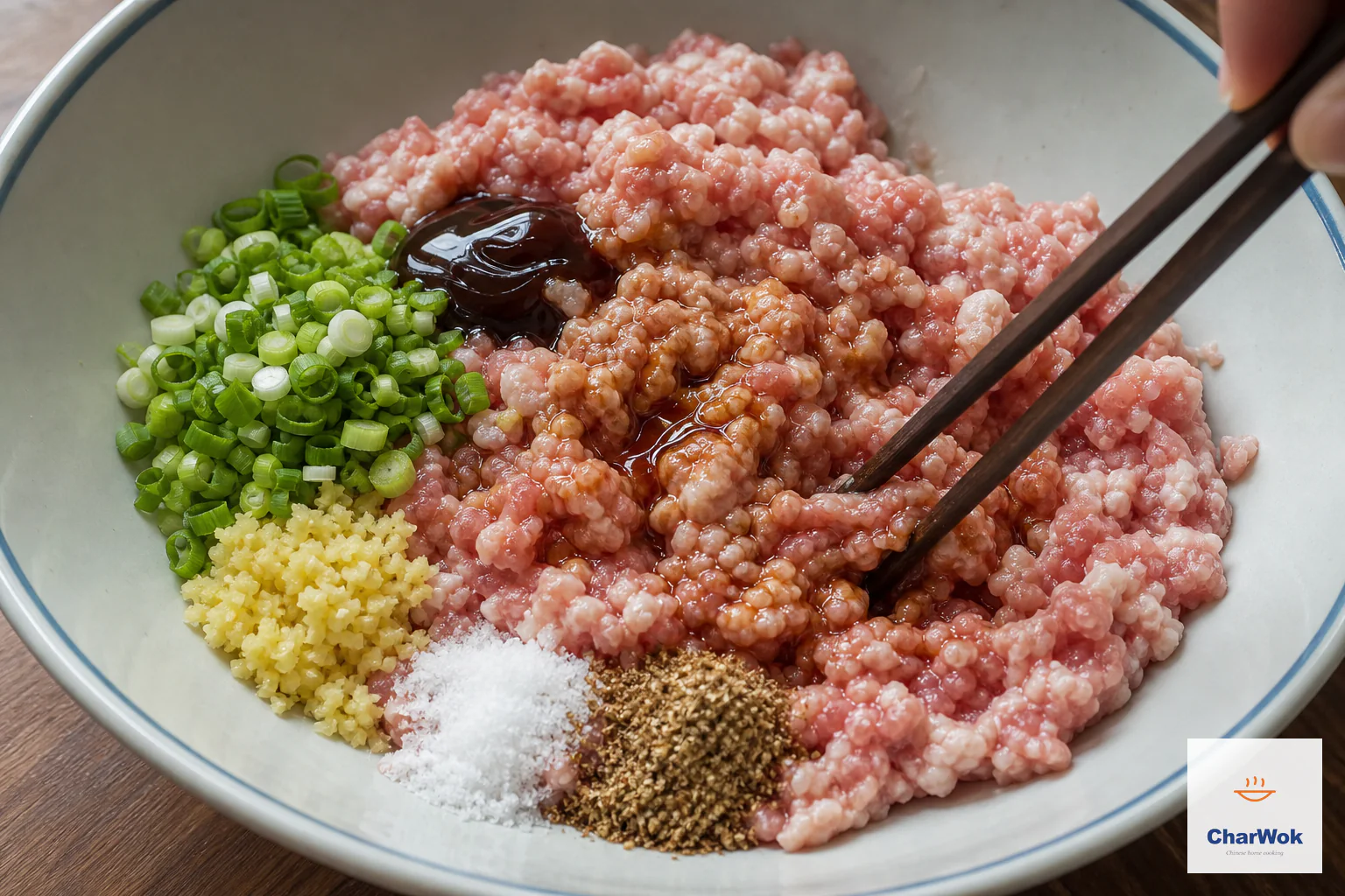 Raw fatty ground pork in a bowl with chopped scallion, minced ginger, salt, ground spice, light soy, oyster sauce and sesame oil before water is added