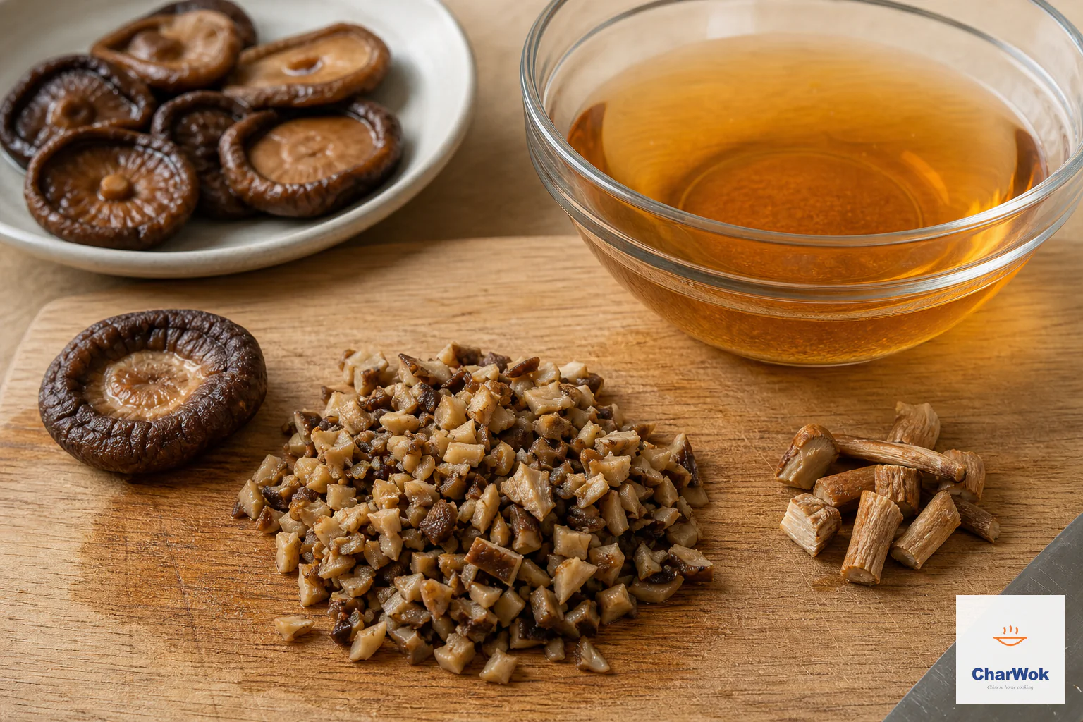 Rehydrated shiitake caps, finely chopped mushrooms, discarded tough stems and clear amber soaking liquid are arranged on a cutting board