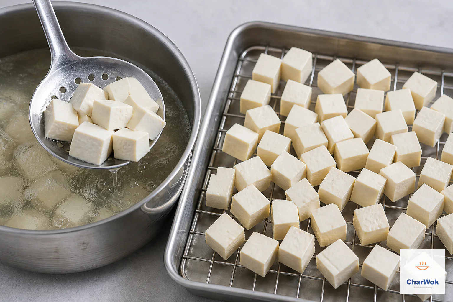 Small tofu cubes are lifted from gently boiling water with a slotted spoon and drained on a rack while holding their shape