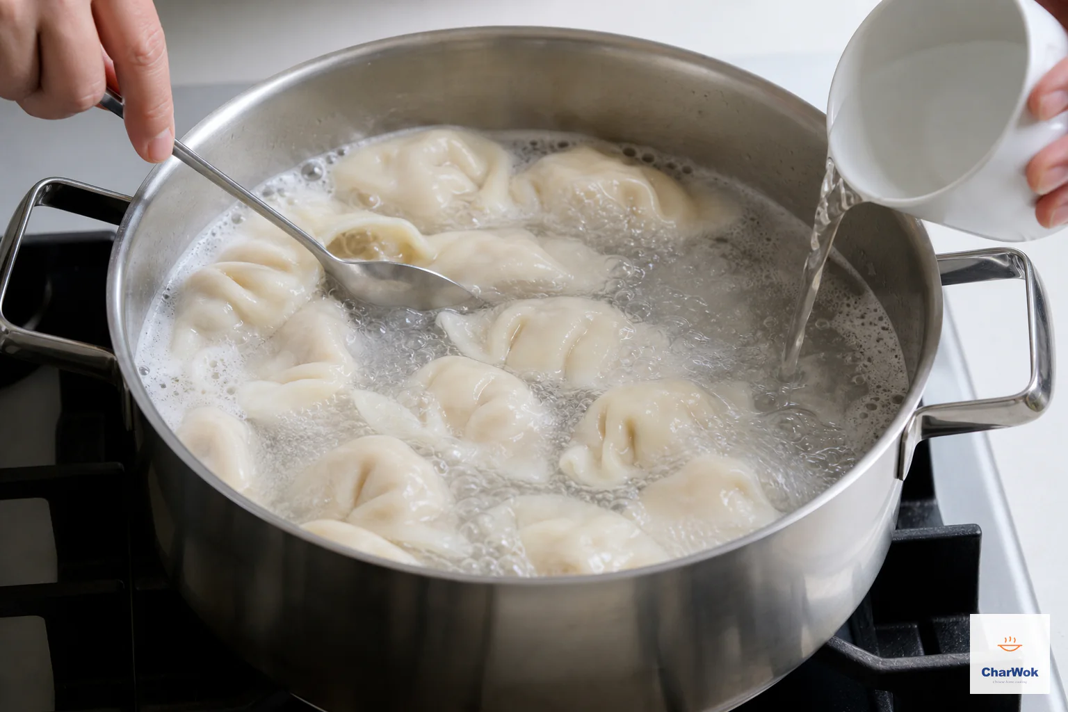 A small stream of cold water pours into a large pot of clear boiling water while intact dumplings move gently and a wooden spoon keeps them separated