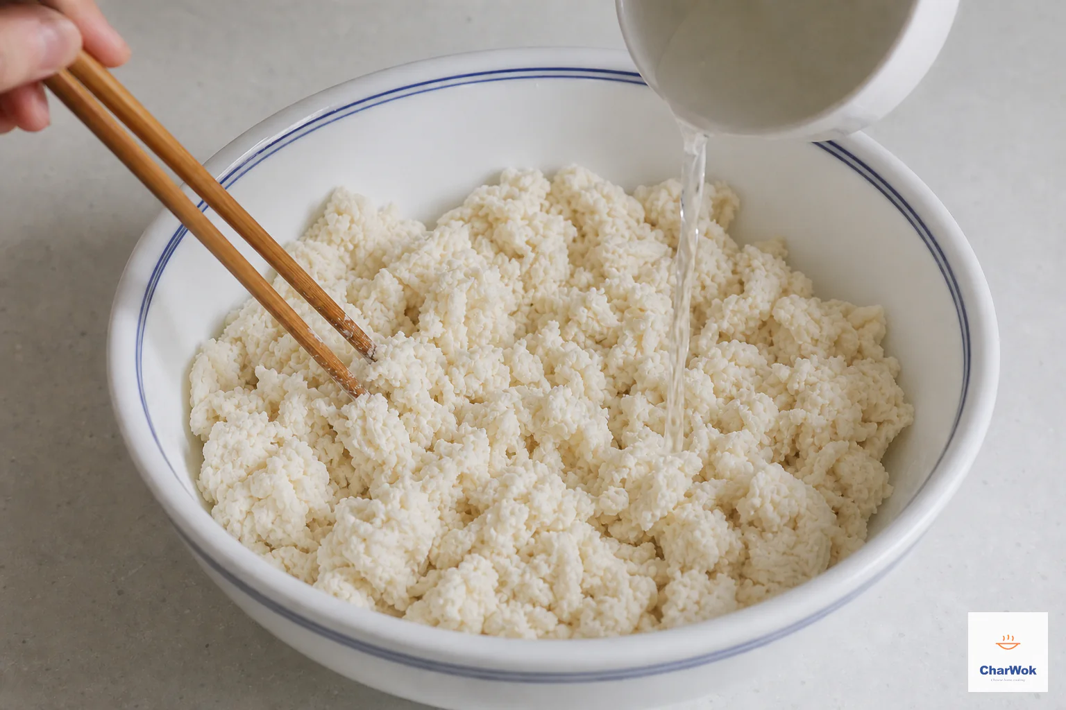 Cool water pours into fully moistened shaggy flour clumps while wooden chopsticks mix, with no dry flour ring and no smooth dough ball yet
