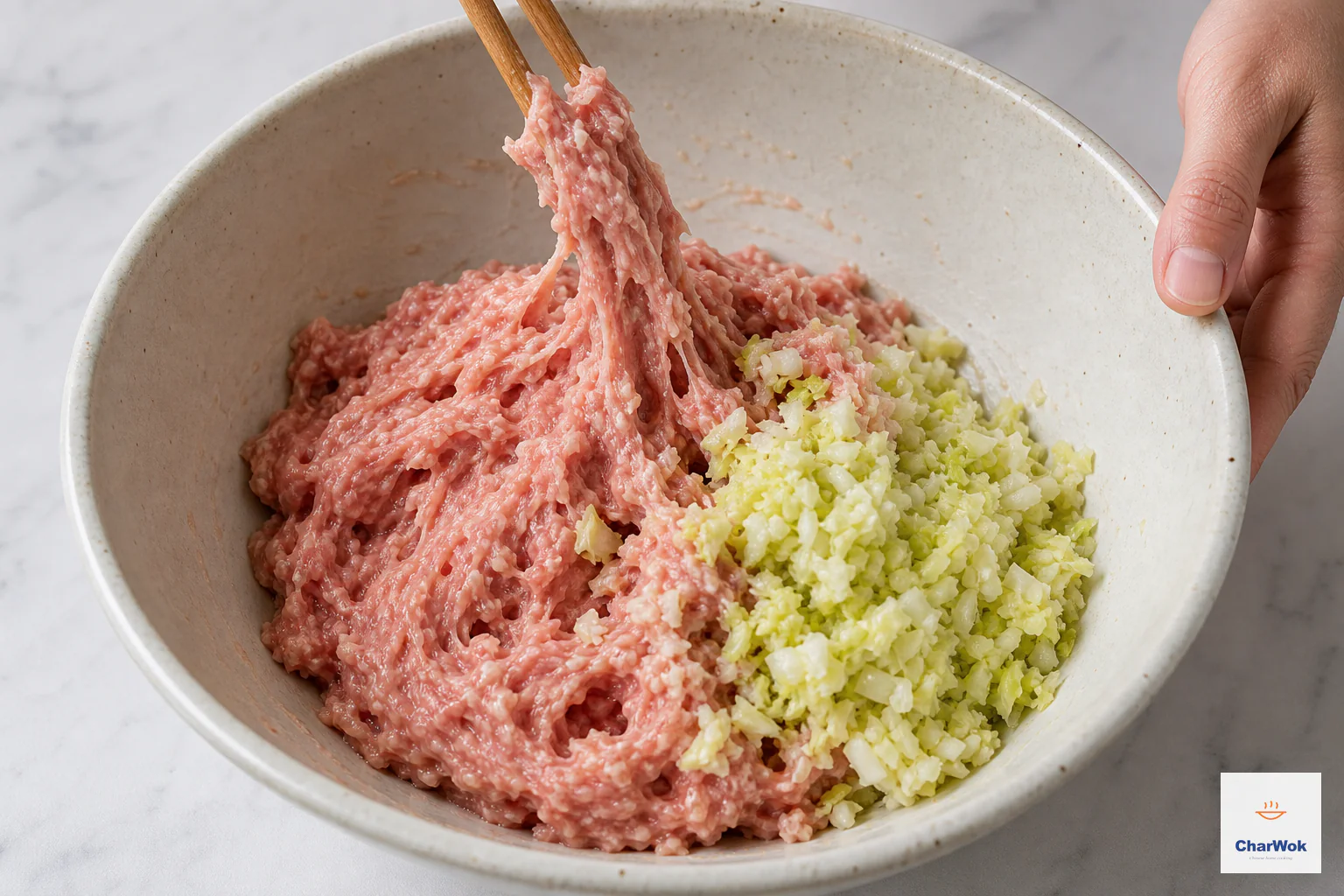 Raw pork and finely chopped napa cabbage form a glossy cohesive dumpling filling that clings to chopsticks without liquid pooling in the bowl