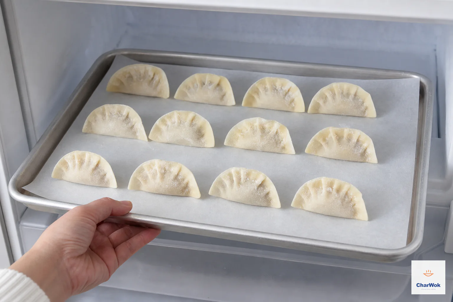 Twelve raw dumplings are frozen separately on a parchment-lined tray with clear gaps as the tray slides into a clean freezer