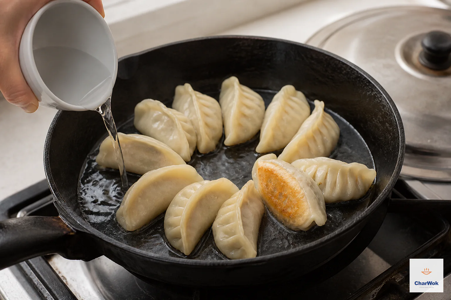 Dumplings steam in a covered-frying setup with shallow water reaching about one-third of their height, while one lifted dumpling shows a golden crisp bottom