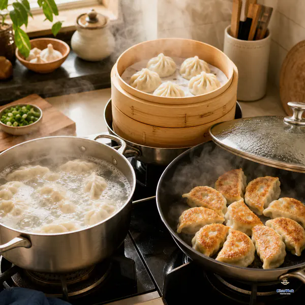 One natural kitchen scene shows intact dumplings actively boiling in clear water, pan-frying with golden bottoms under steam, and steaming with space between them in a bamboo basket