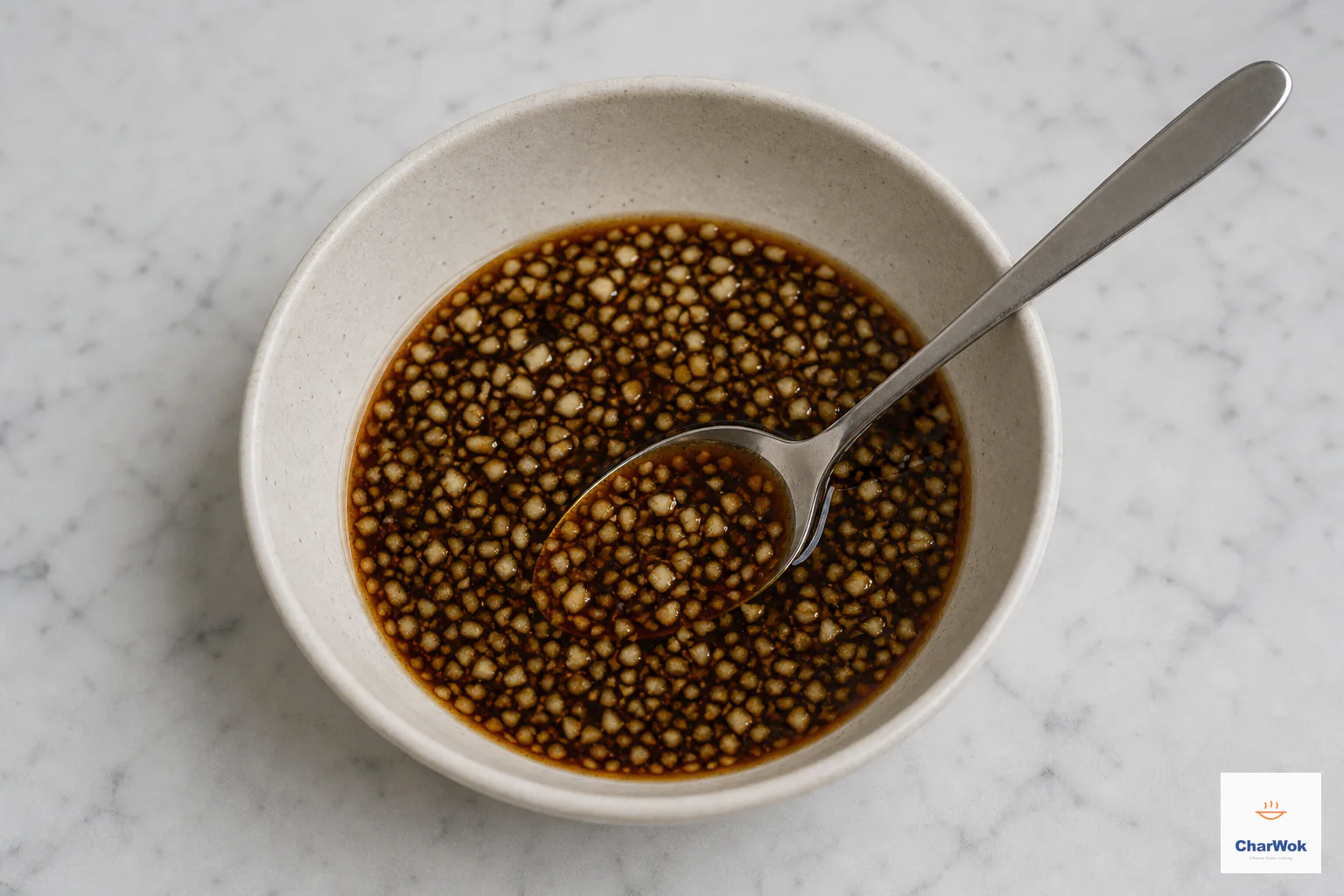 Dark black-rice vinegar and light soy rest with a small amount of finely minced raw garlic dispersed through the liquid