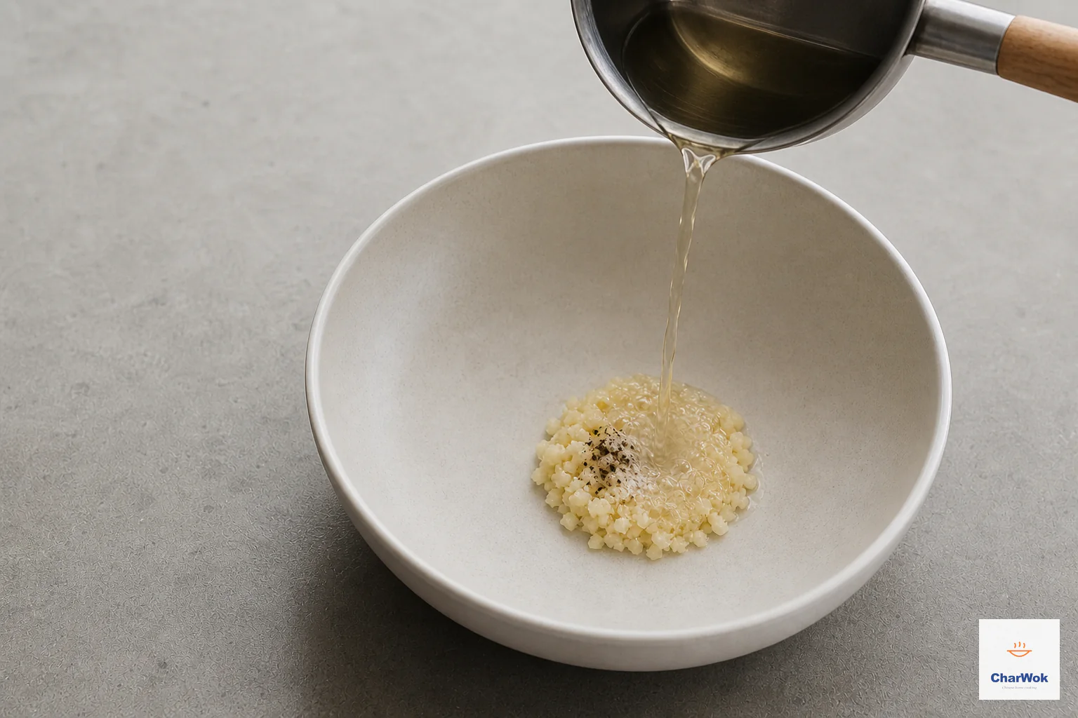 A narrow stream of hot neutral oil sizzles over a small tablespoon mound of pale minced garlic with Sichuan pepper and salt