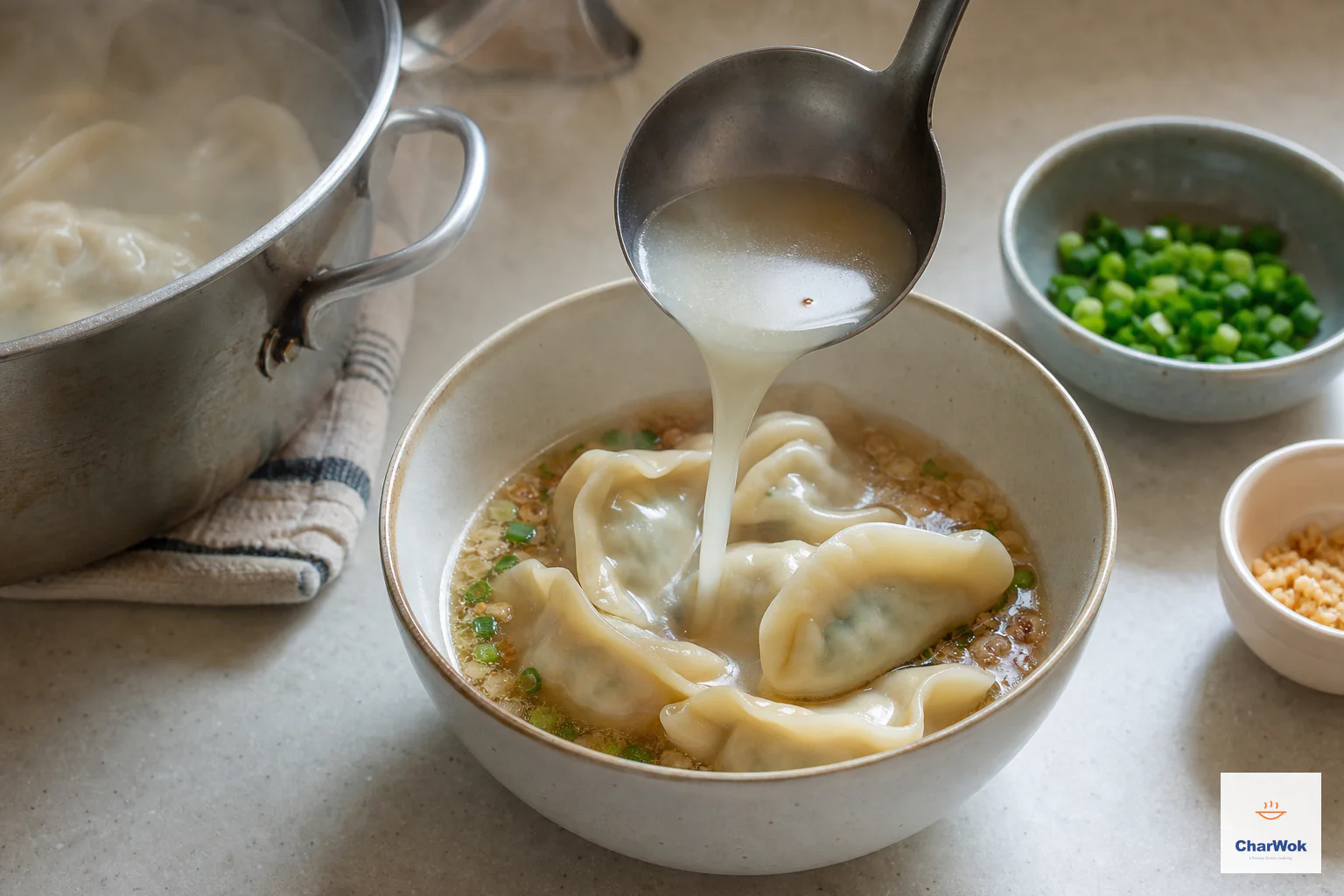 Lightly cloudy dumpling cooking water is ladled over boiled dumplings, vinegar, soy, scallion, dried shrimp, sesame oil, and salt