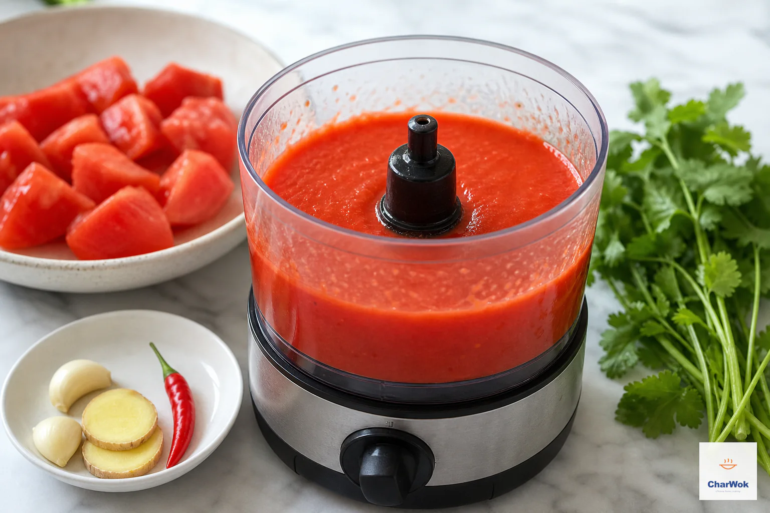 Peeled seeded tomato, garlic, ginger, fresh red chile, and cilantro blend into a smooth bright-red dumpling dip in a small processor