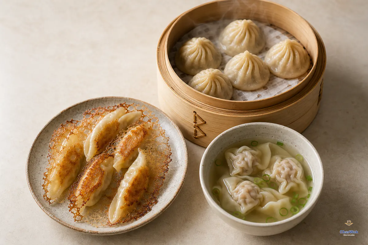 Steamed dumplings, golden potstickers and wontons in clear broth