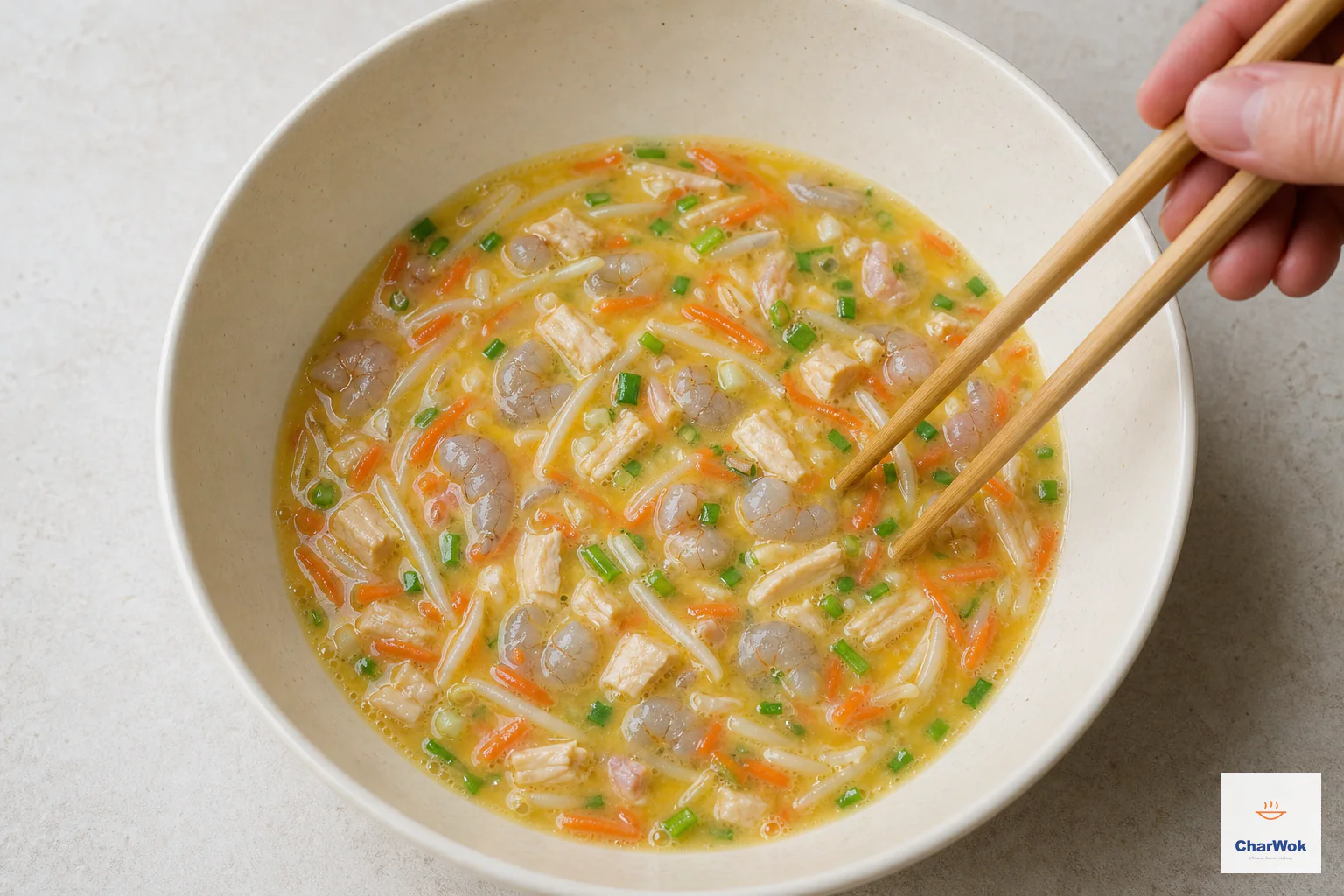 Shrimp, cooked chicken, bean sprouts, grated carrot and scallion are folded through lightly beaten fluid egg without foam