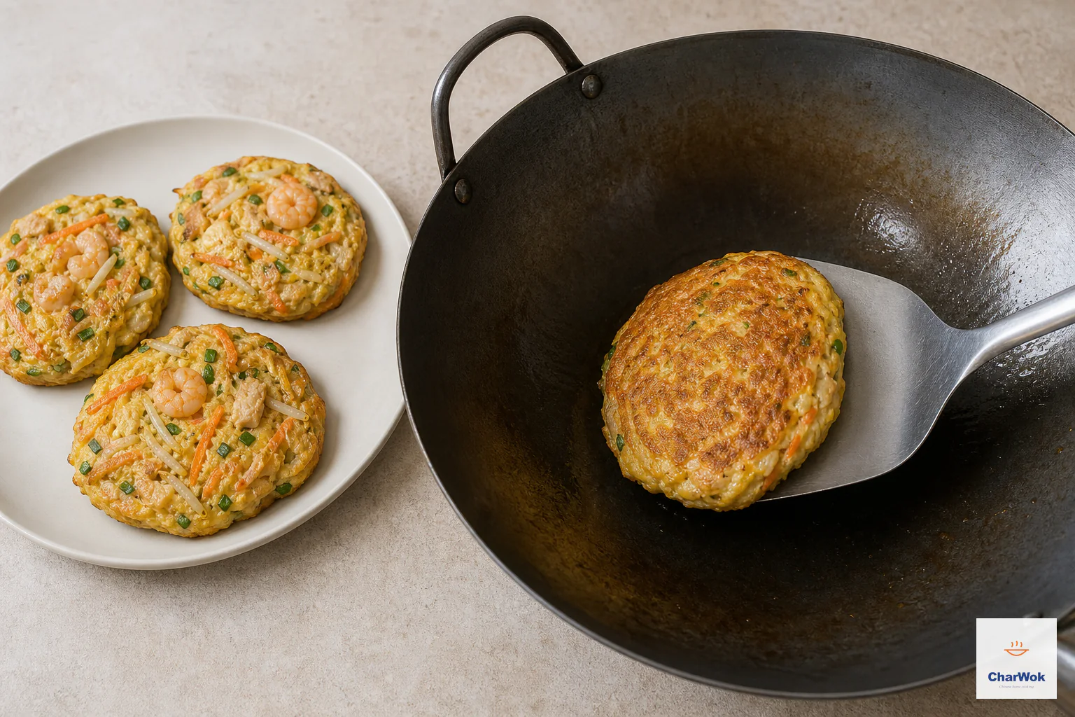 A spatula turns one intact deep-golden egg foo young patty while exactly three cooked matching patties rest on a plate