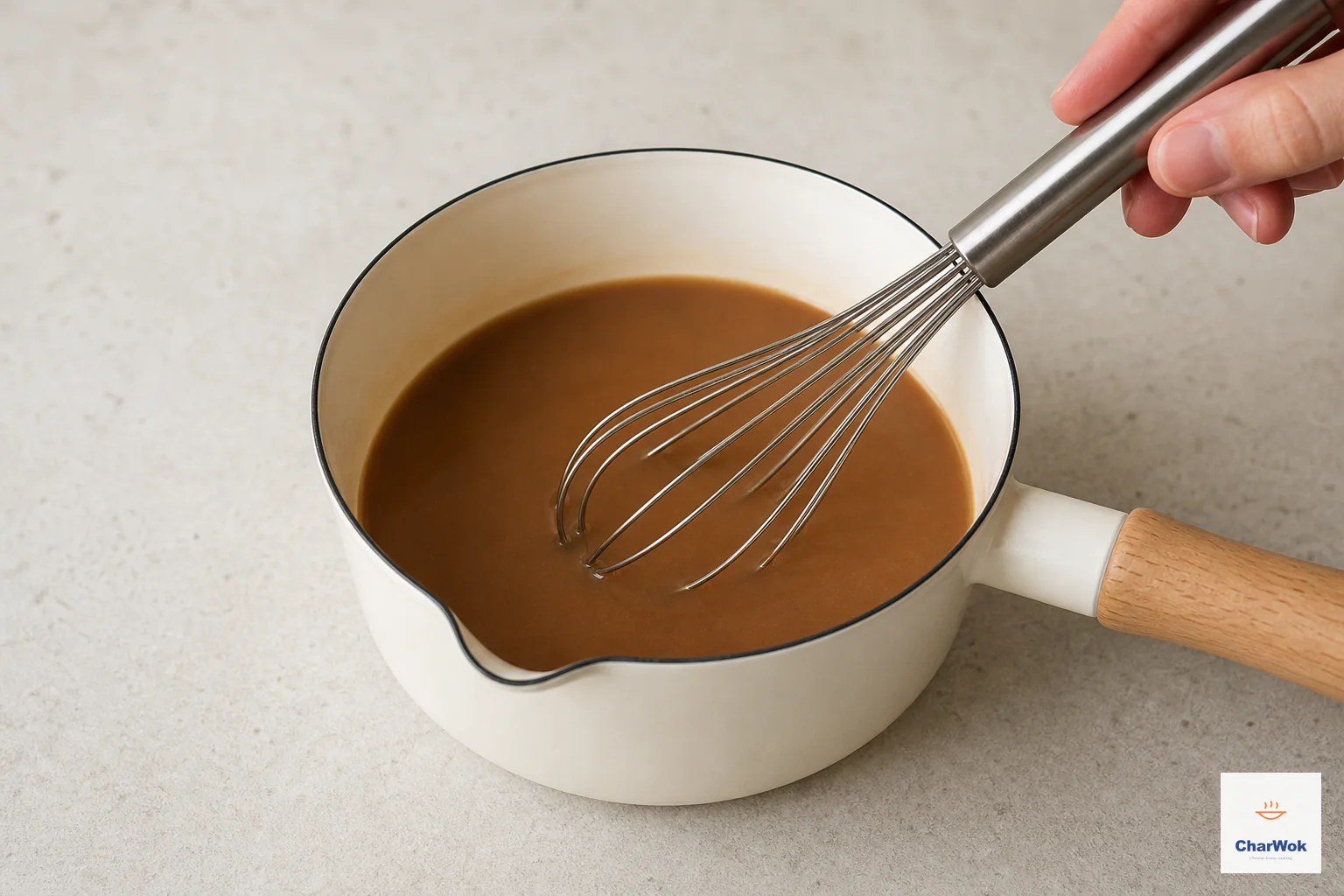A small cream saucepan off the heat holds a smooth thin light-brown gravy mixture stirred without steam or lumps