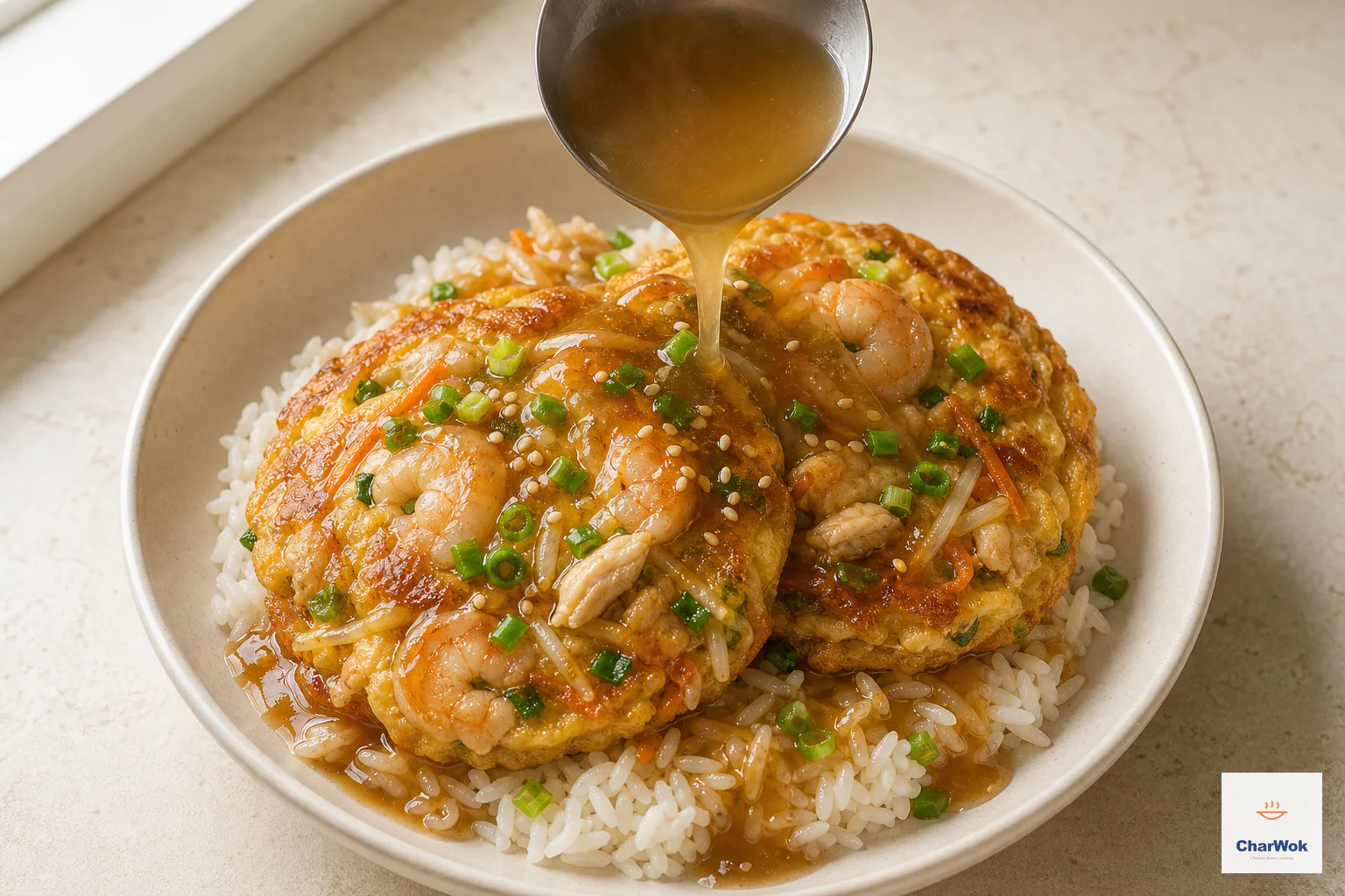 Thin light-brown gravy pours over exactly two deep-golden egg foo young patties and visible jasmine rice with scallion and sesame