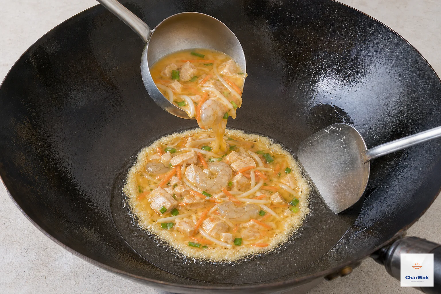 One ladle pours a quarter of the filled egg mixture into a thin oil film as the single patty edge frills and its centre stays fluid