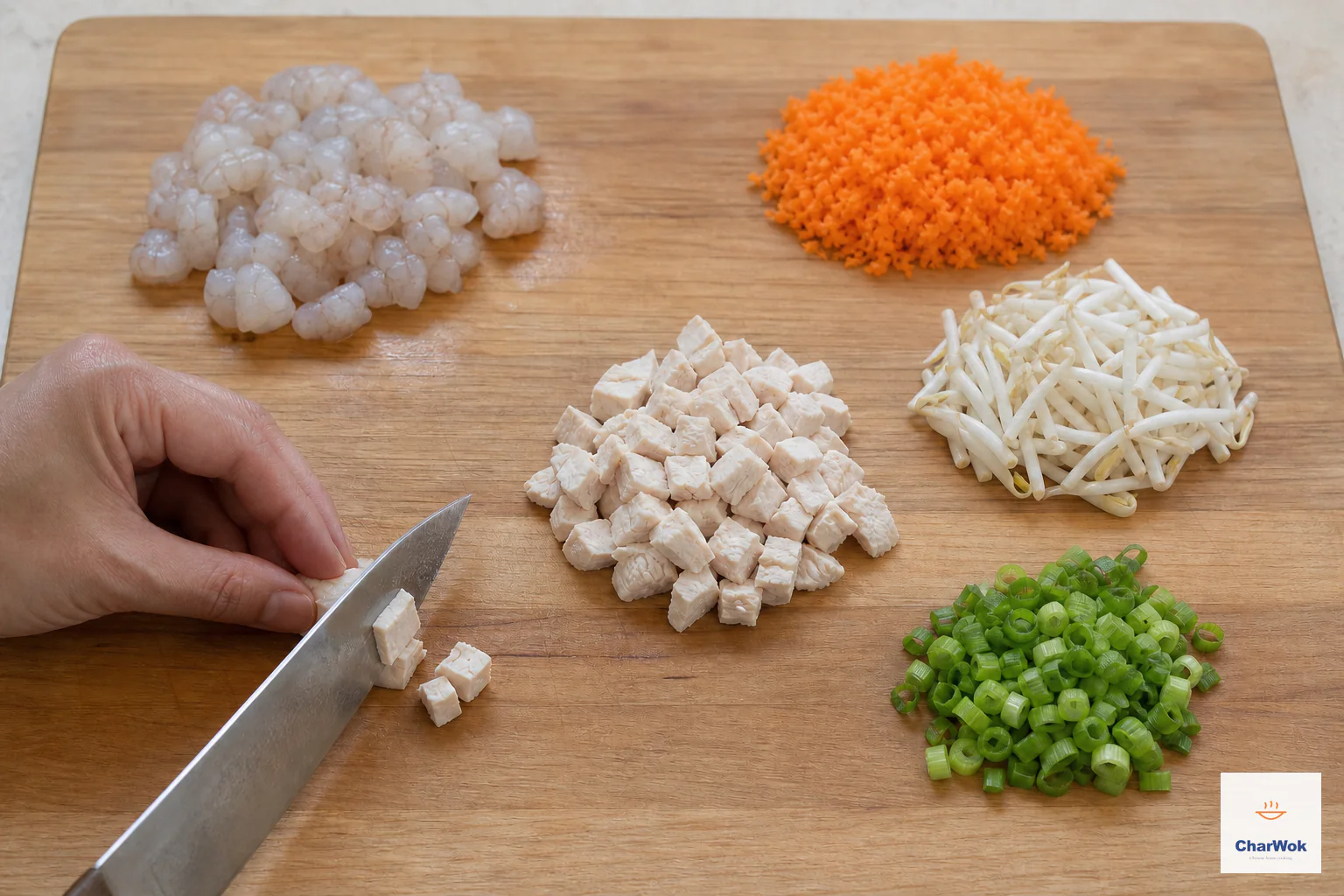 Raw shrimp, cooked chicken, finely grated carrot, short bean sprouts and chopped scallions wait in separate small piles on a cutting board