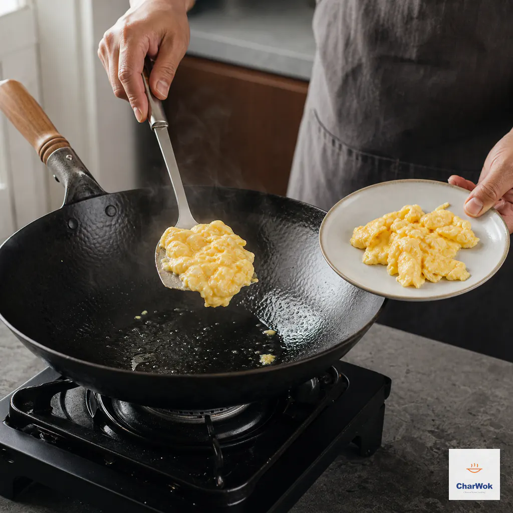 Soft glossy egg curds are lifted from a hot carbon-steel wok onto a plate