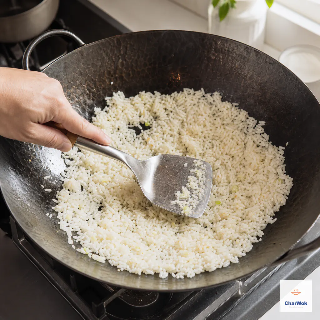 A metal wok spatula presses and tosses pale rice with garlic and scallion whites until the grains separate