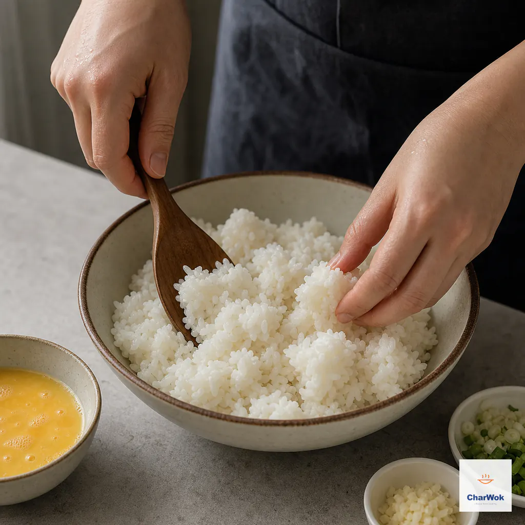 A cook loosens clumps of cold day-old white rice in a bowl before stir-frying