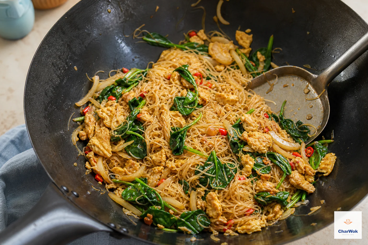 Glossy light-brown thin rice noodles and golden egg curds are tossed with vivid just-wilted spinach and chopped fresh red chilli