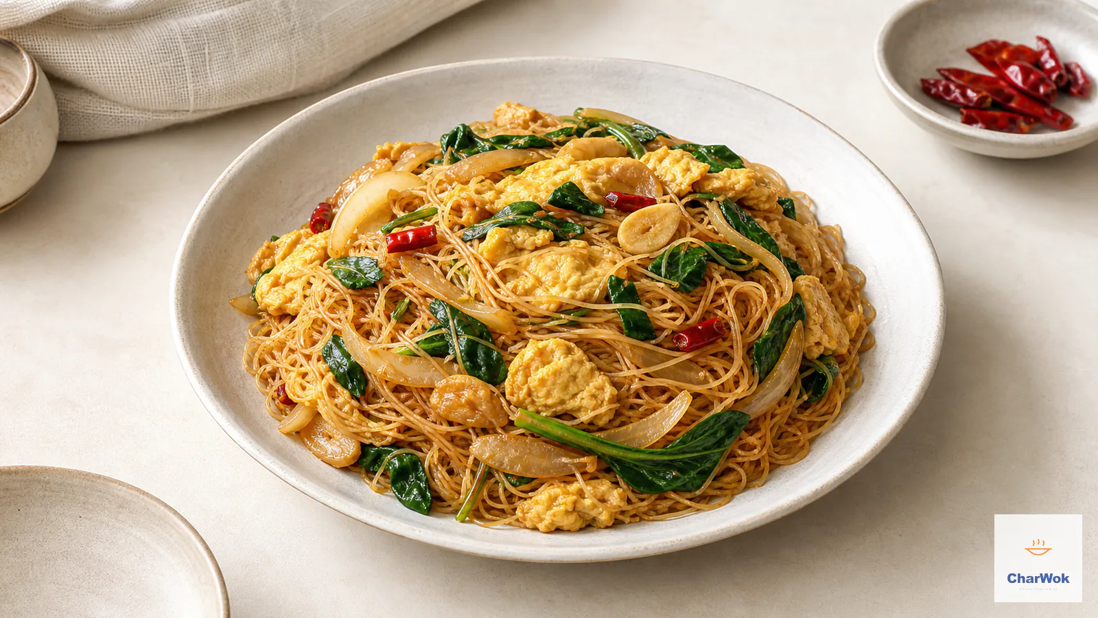 Thin egg fried rice noodles with golden egg curds, onion, spinach and fresh red chilli