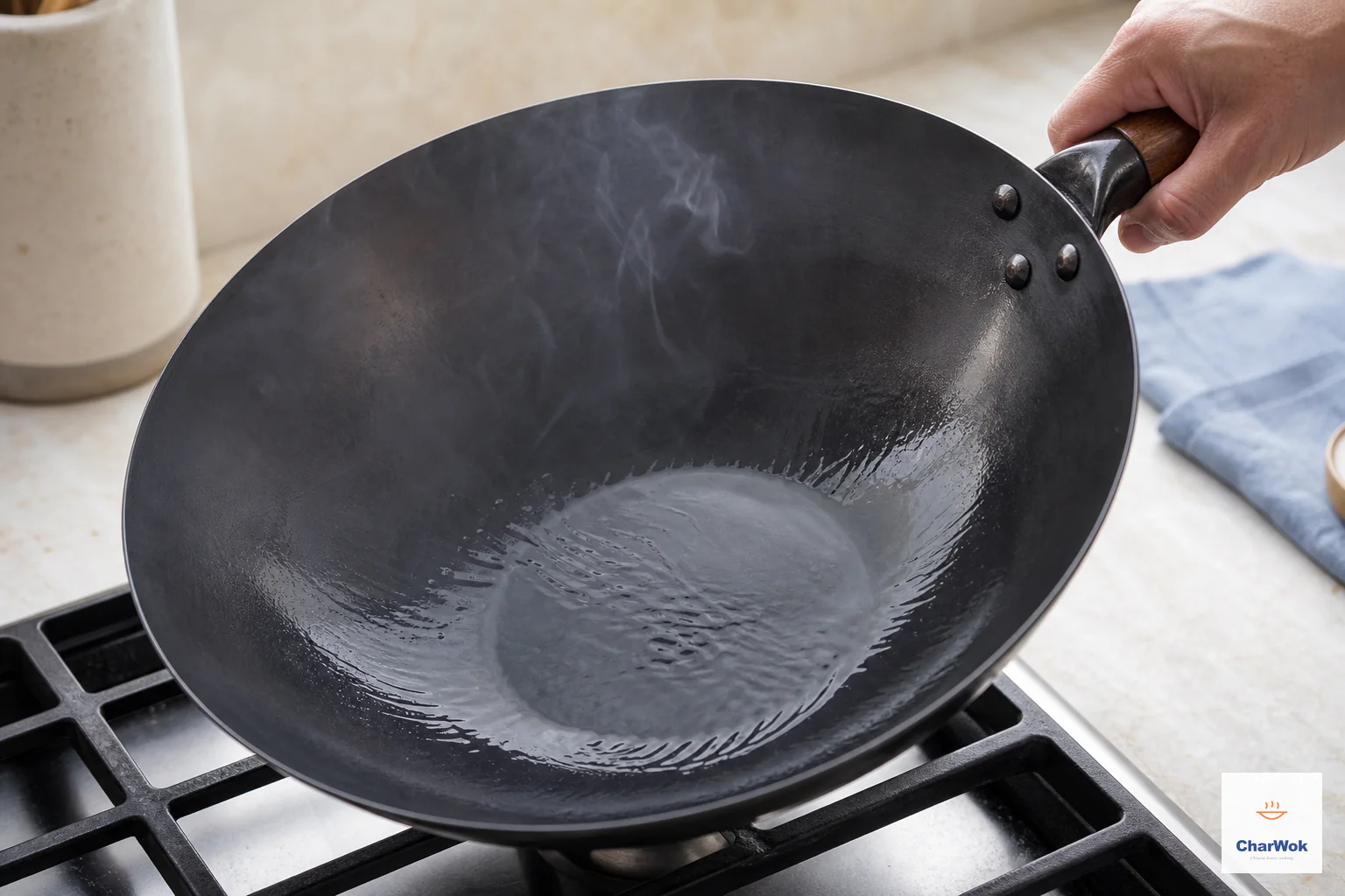Neutral oil at about 180°C ripples in a tilted dark carbon-steel wok with a clear surface and no smoke