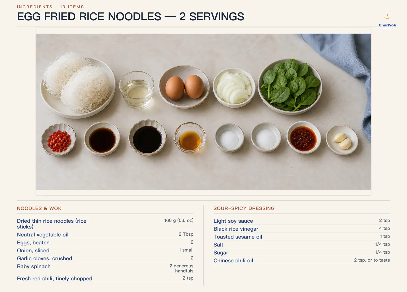 Egg fried rice noodles ingredients labeled in English: 160 g or 5.6 oz thin rice noodles about 2 nests, 2 tablespoons neutral vegetable oil, 2 large eggs, 1 small onion, 2 garlic cloves, 2 generous handfuls baby spinach, 2 teaspoons fresh red chilli, 2 teaspoons light soy sauce, 4 teaspoons black rice vinegar, 1 teaspoon toasted sesame oil, one quarter teaspoon salt, one quarter teaspoon sugar, and 2 teaspoons Chinese chilli oil or to taste