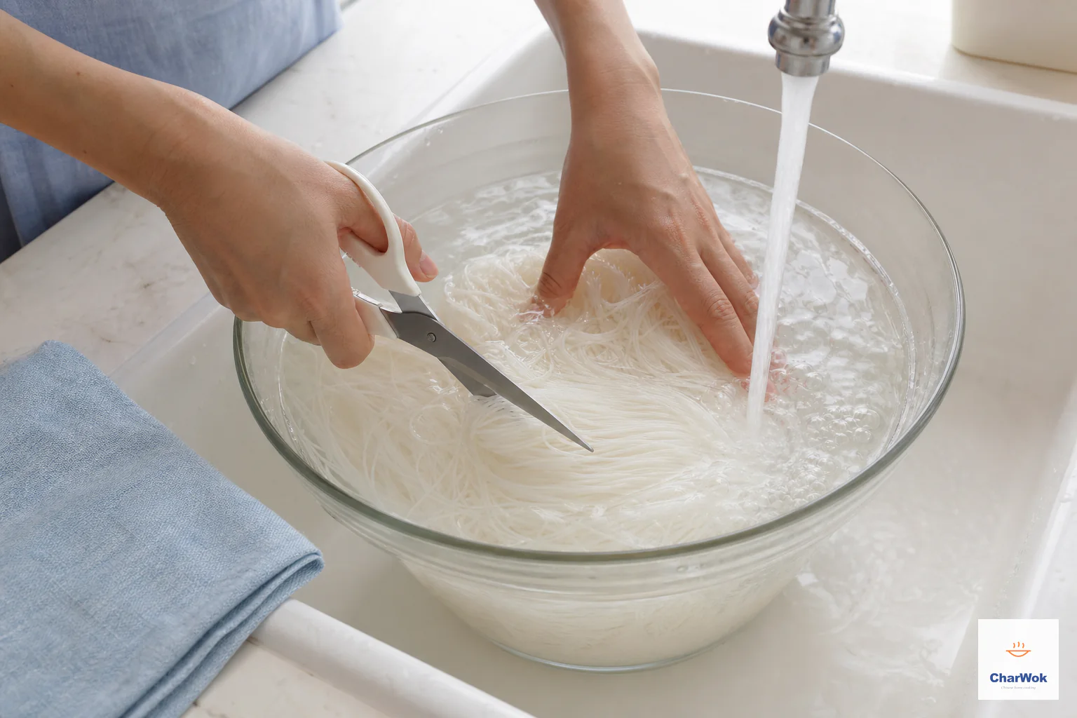 Thin rice noodles sit submerged in cold water under a running tap while kitchen scissors cut once through the bundle